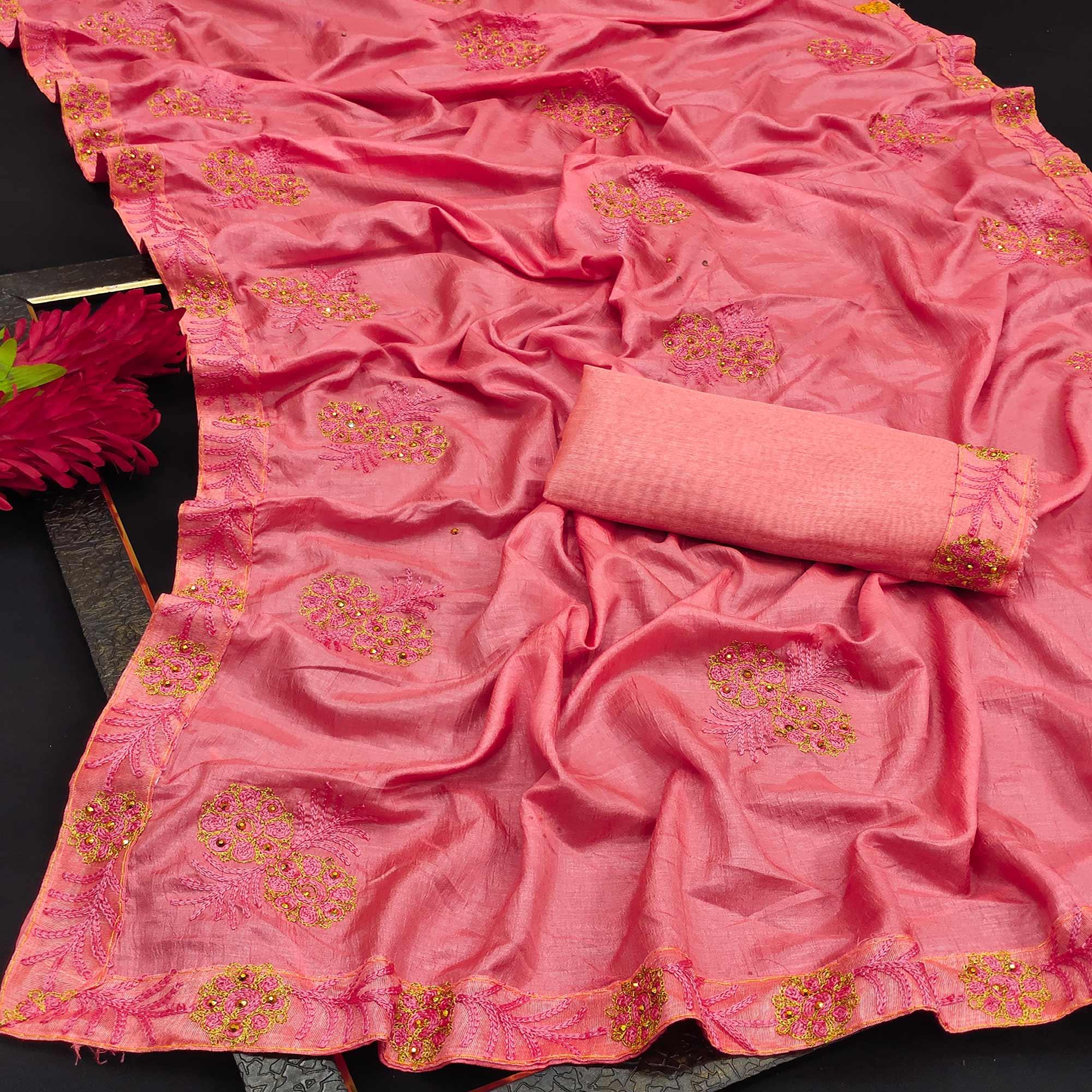 Pink Festive Wear Floral Embroidered Silk Saree - Peachmode