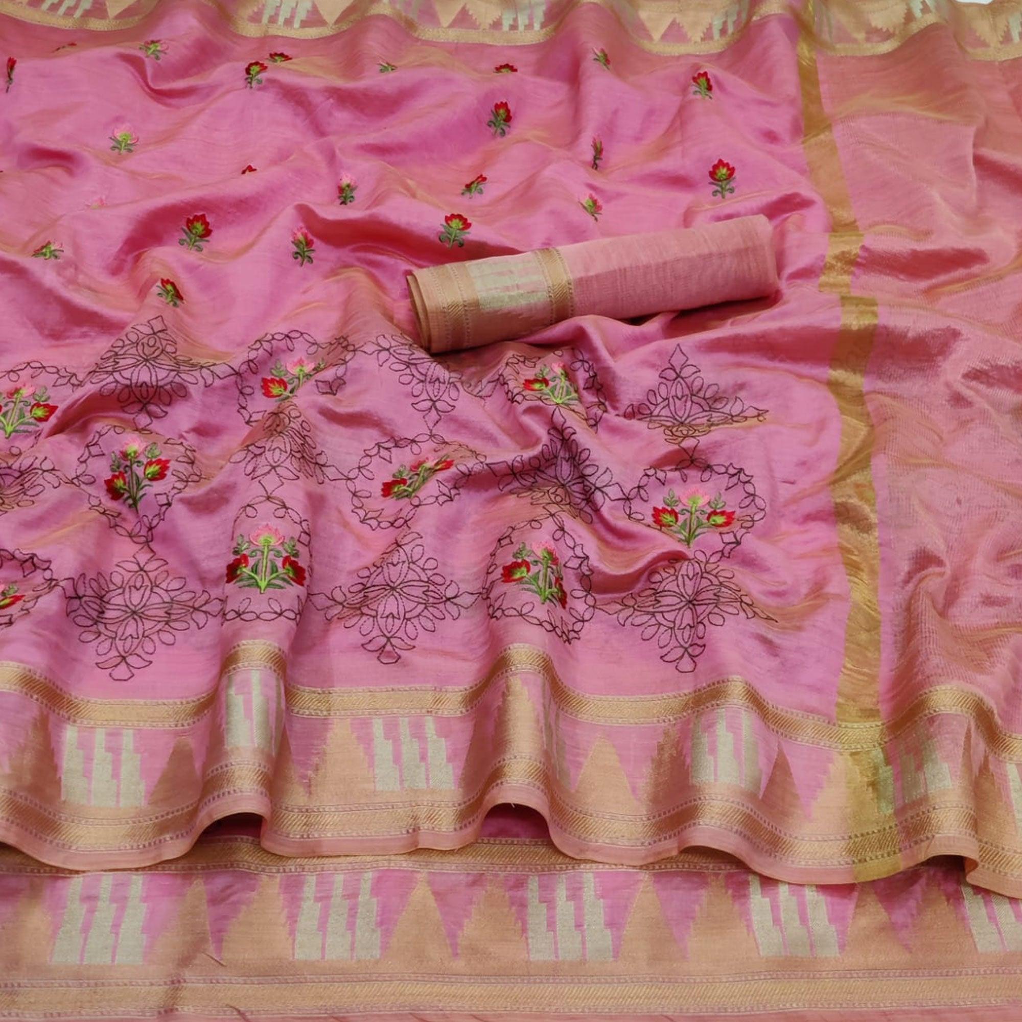 Pink Festive Wear Floral Embroidery With Woven Organza Saree - Peachmode