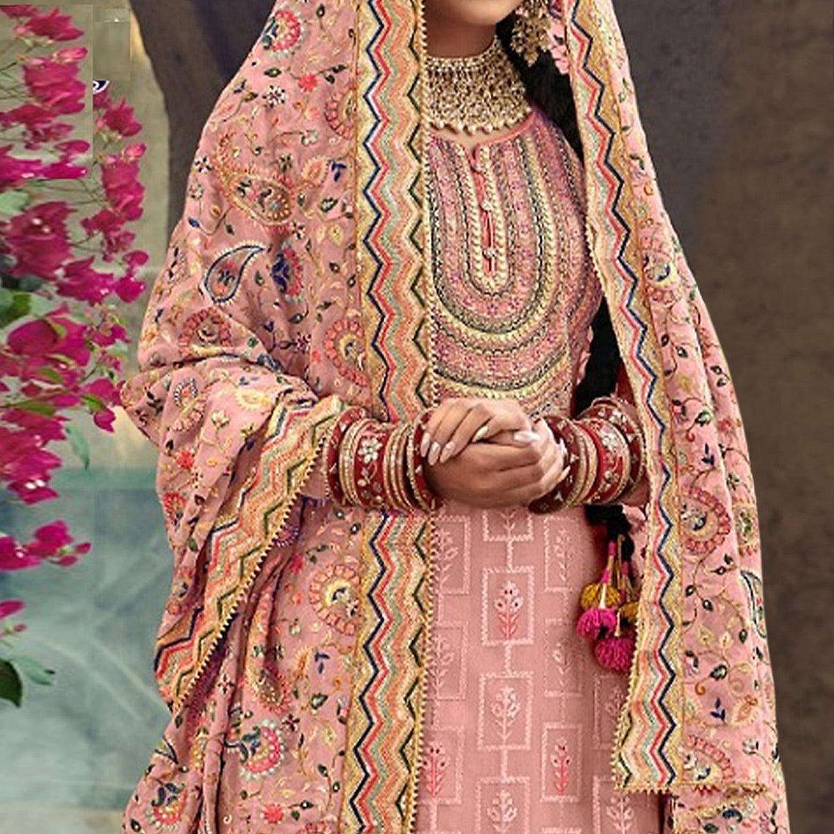 Pink Festive Wear Floral Embroidred Straight Faux Georgette Palazzo Suit - Peachmode