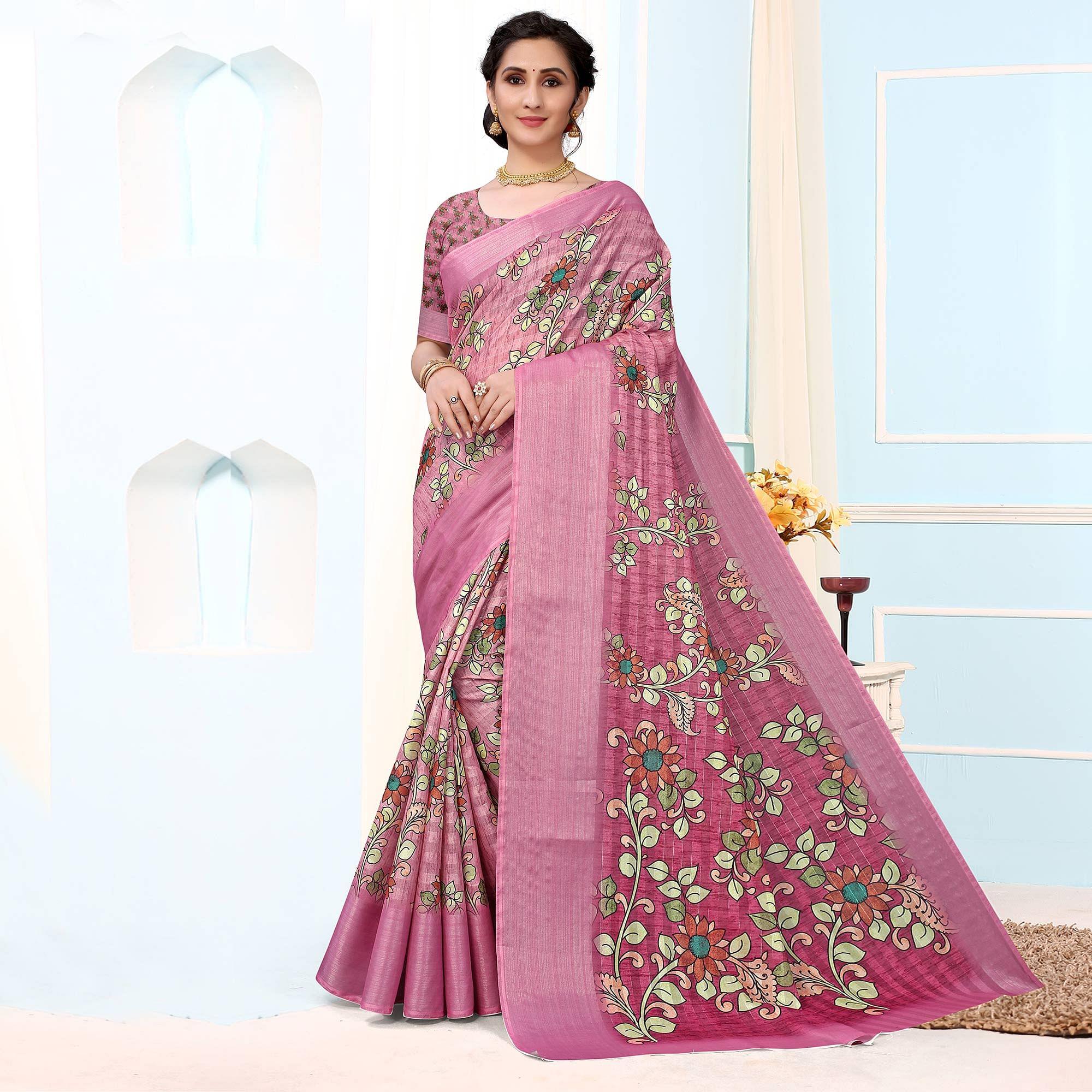 Pink Festive Wear Floral Printed Art Silk Saree - Peachmode