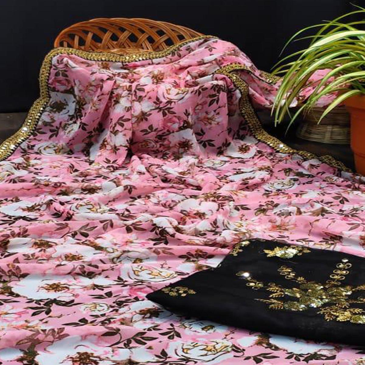 Pink Festive Wear Floral Printed Georgette Saree With Sequence Embroidery Lace - Peachmode
