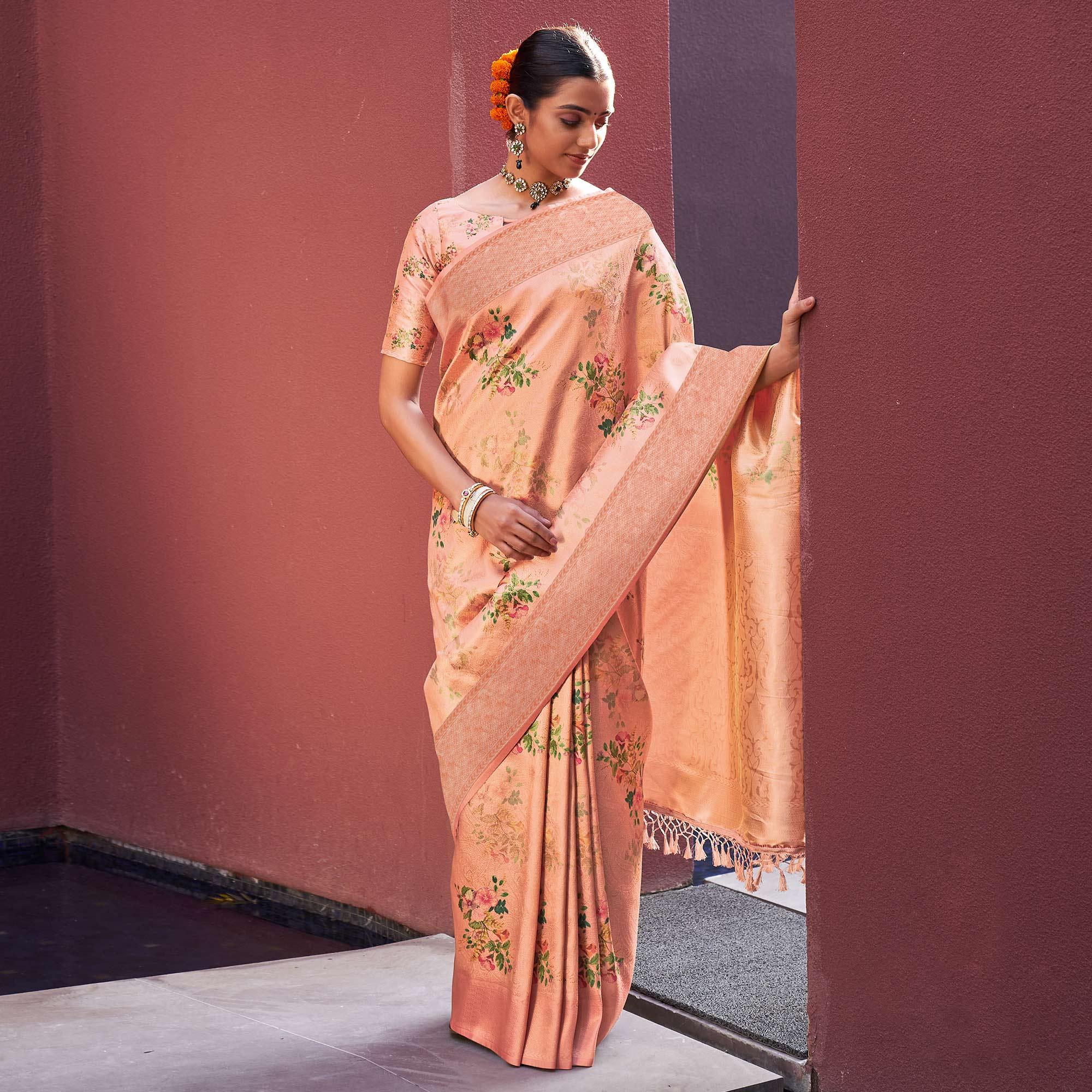 Pink Festive Wear Floral Printed Silk Saree With Woven Border - Peachmode