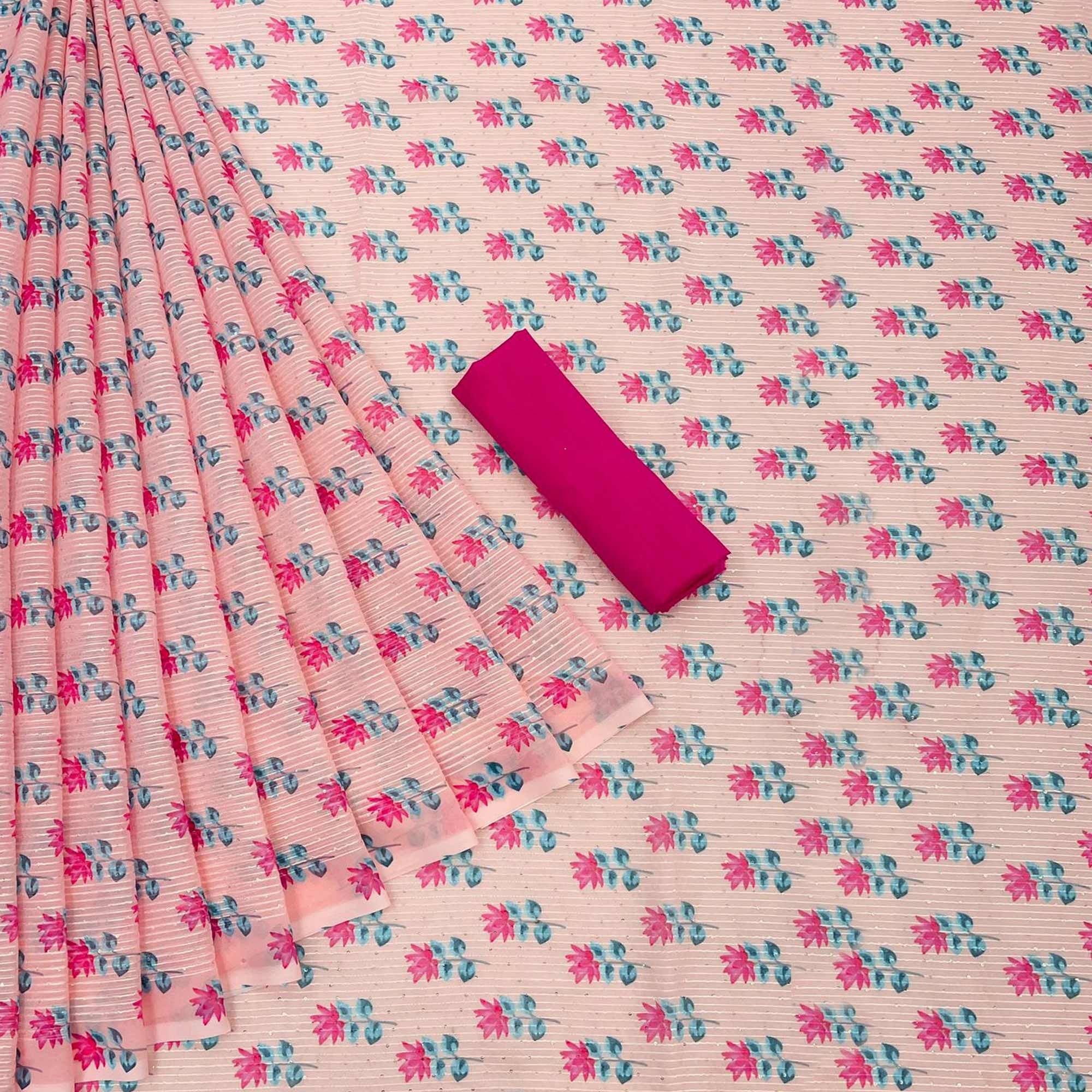 Pink Festive Wear Floral Printed With Embellished Georgette Saree - Peachmode