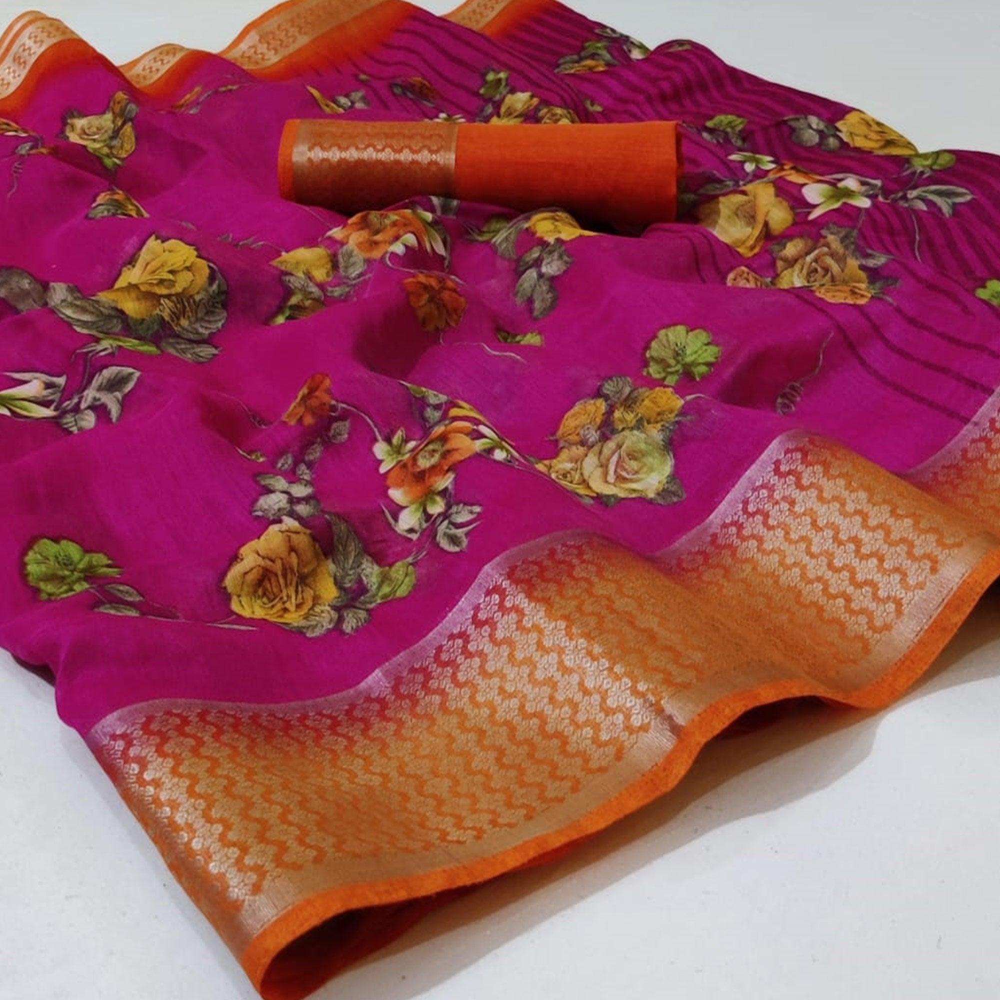 Pink Festive Wear Floral Printed Woven Border Cotton Saree - Peachmode
