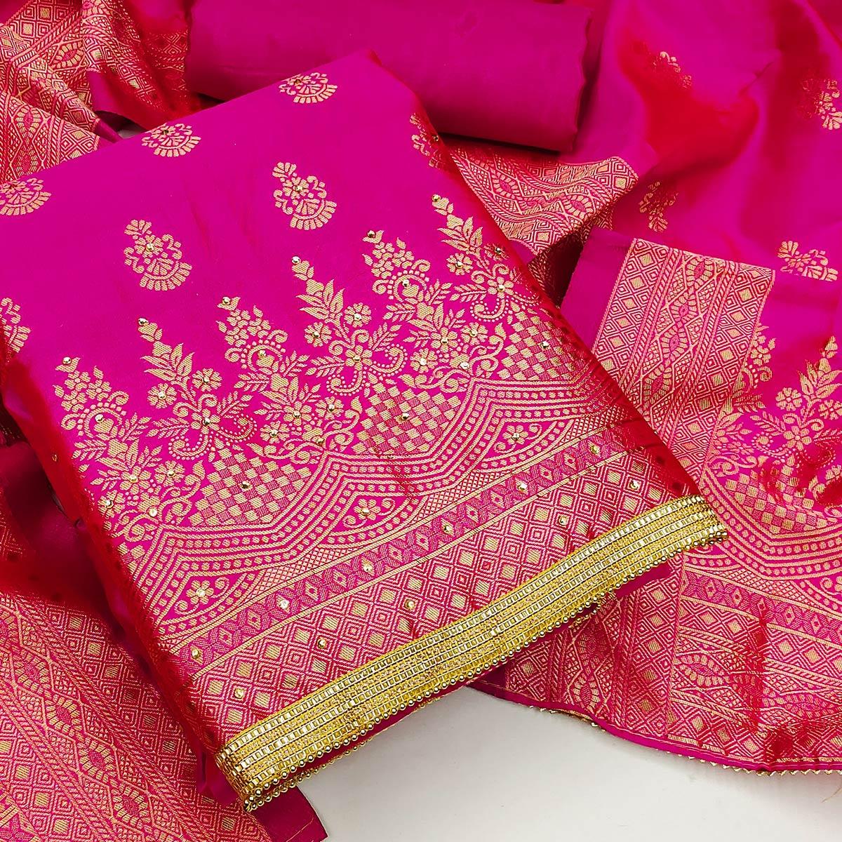 Pink Festive Wear Floral Woven Banarasi Silk Jacquard Dress Material - Peachmode