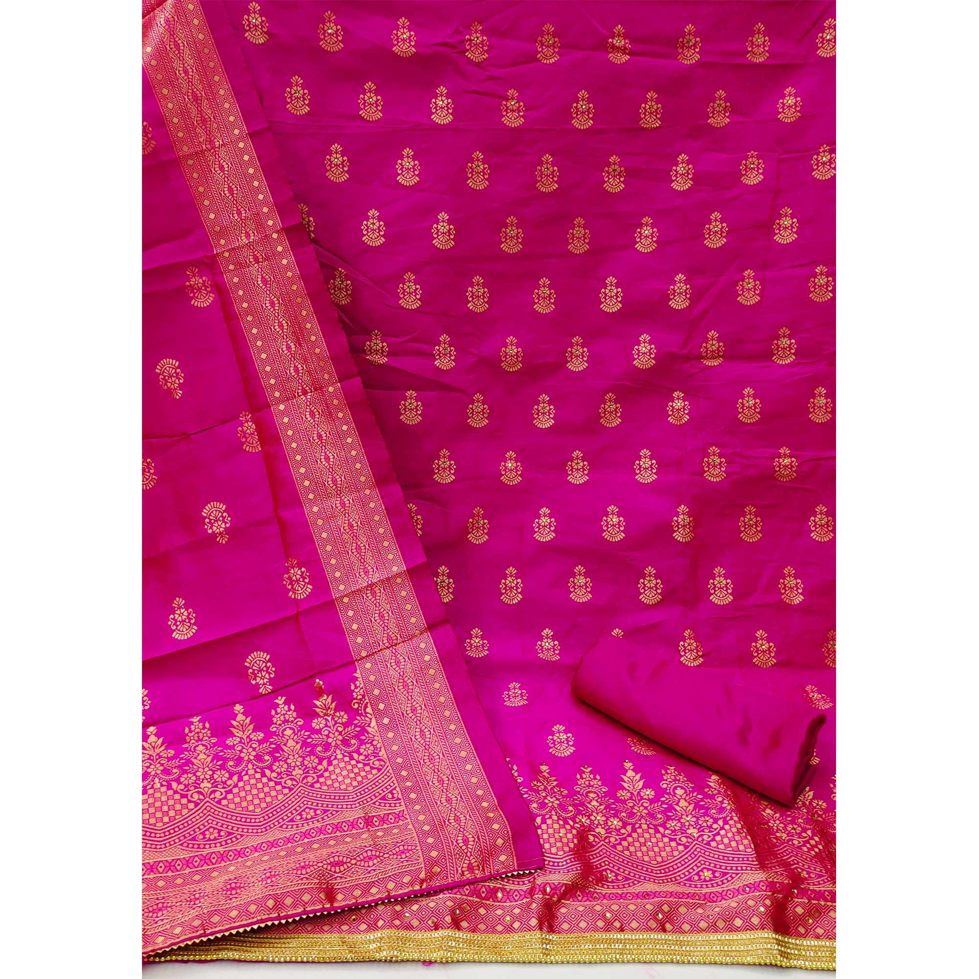 Pink Festive Wear Floral Woven Banarasi Silk Jacquard Dress Material - Peachmode