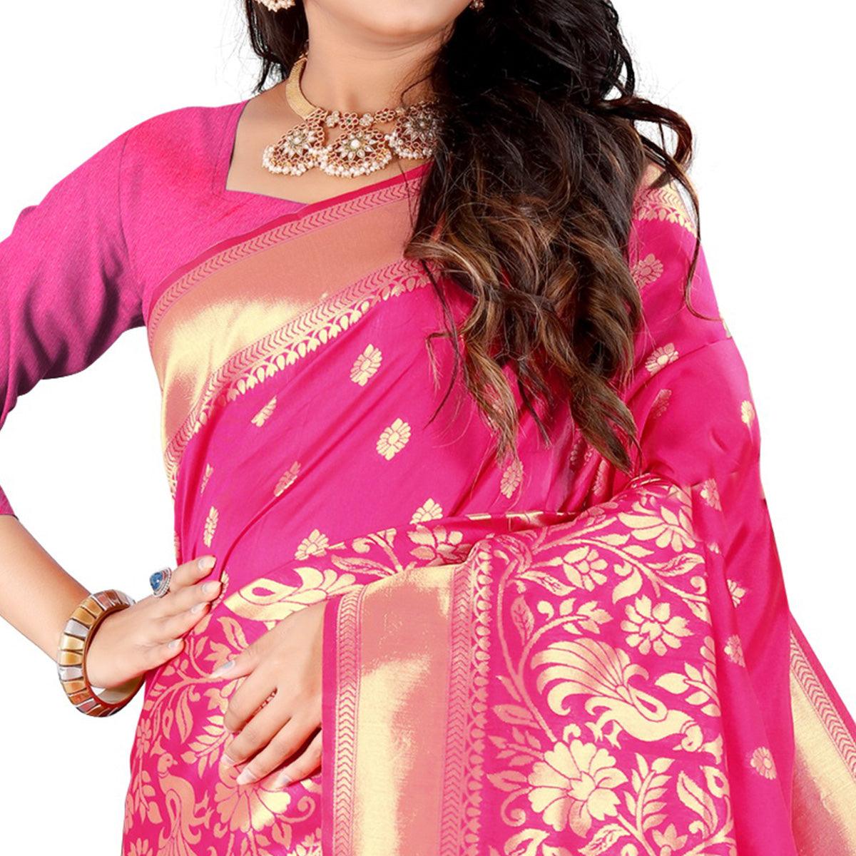Pink Festive Wear Floral Woven Banarasi Silk Saree - Peachmode