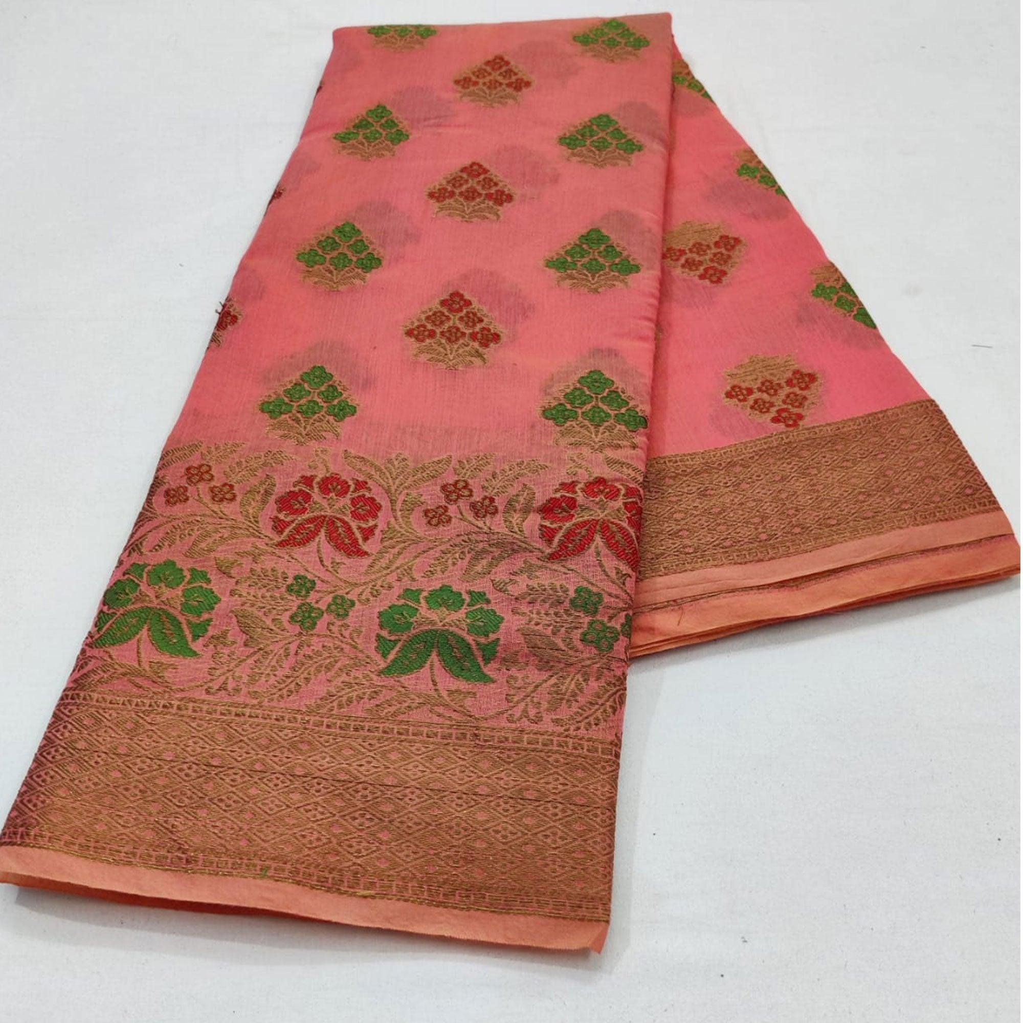 Pink Festive Wear Floral Woven Cotton Saree With Meena Butta Pallu - Peachmode