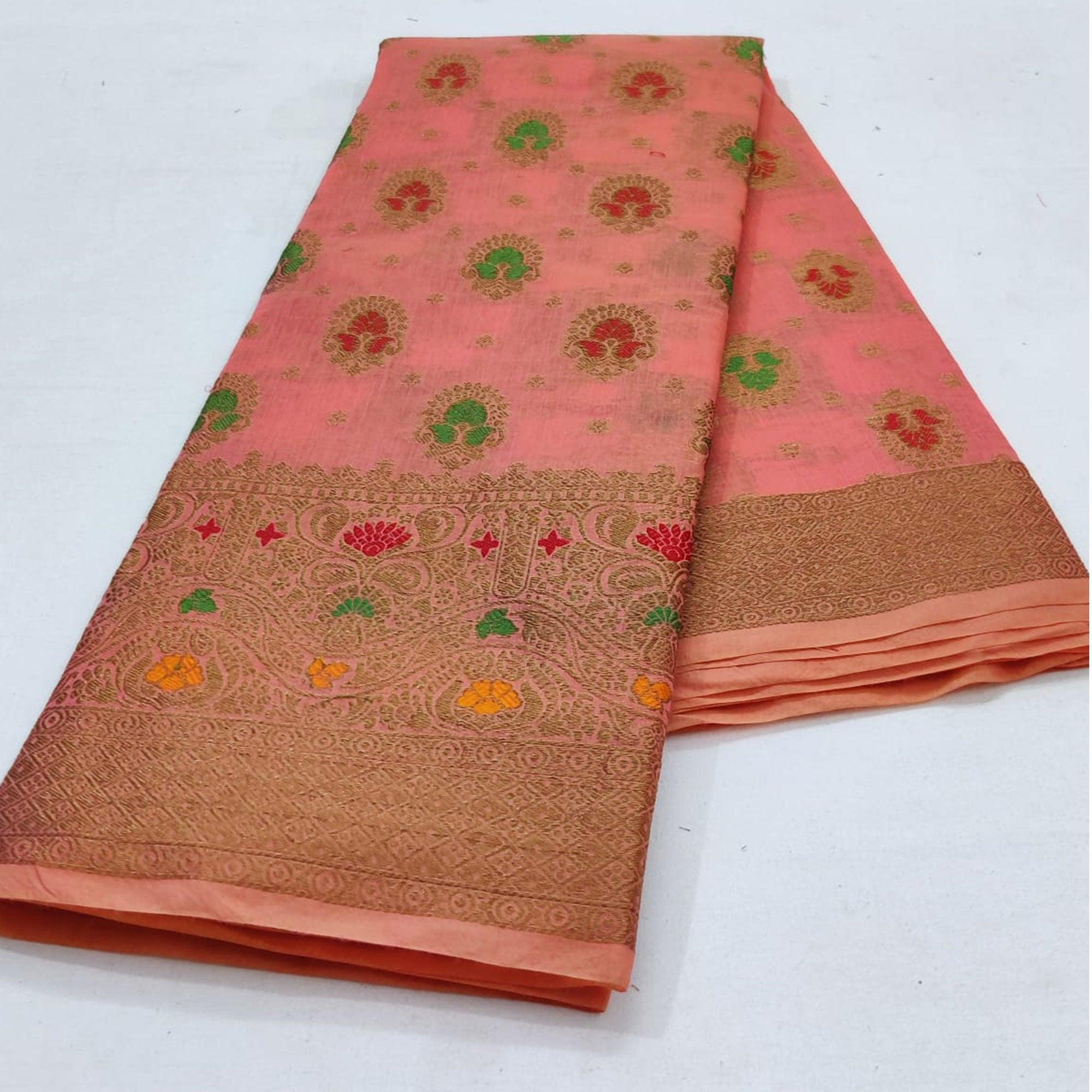 Pink Festive Wear Floral Woven Cotton Saree With Meena Butta Pallu - Peachmode