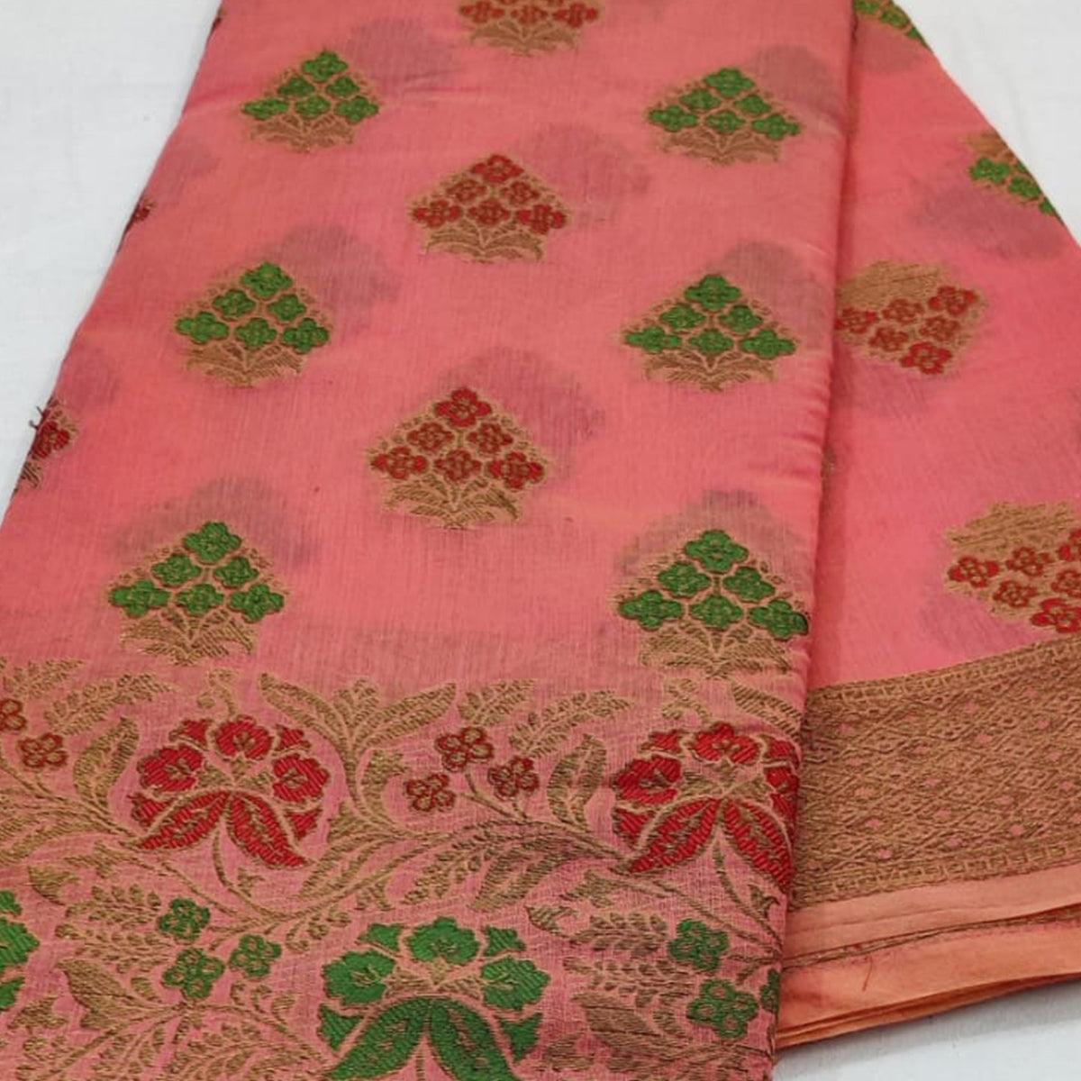 Pink Festive Wear Floral Woven Cotton Saree With Meena Butta Pallu - Peachmode