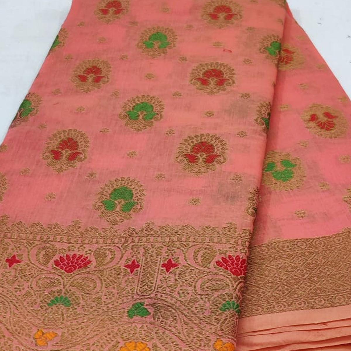 Pink Festive Wear Floral Woven Cotton Saree With Meena Butta Pallu - Peachmode