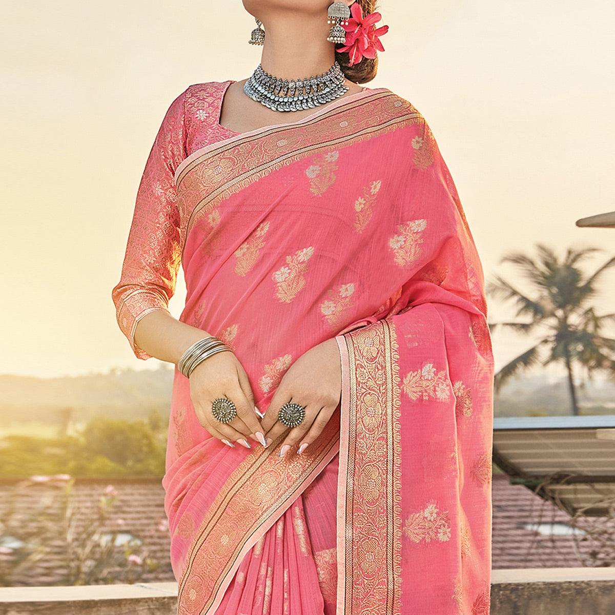 Pink Festive Wear Floral Woven Linen Saree - Peachmode
