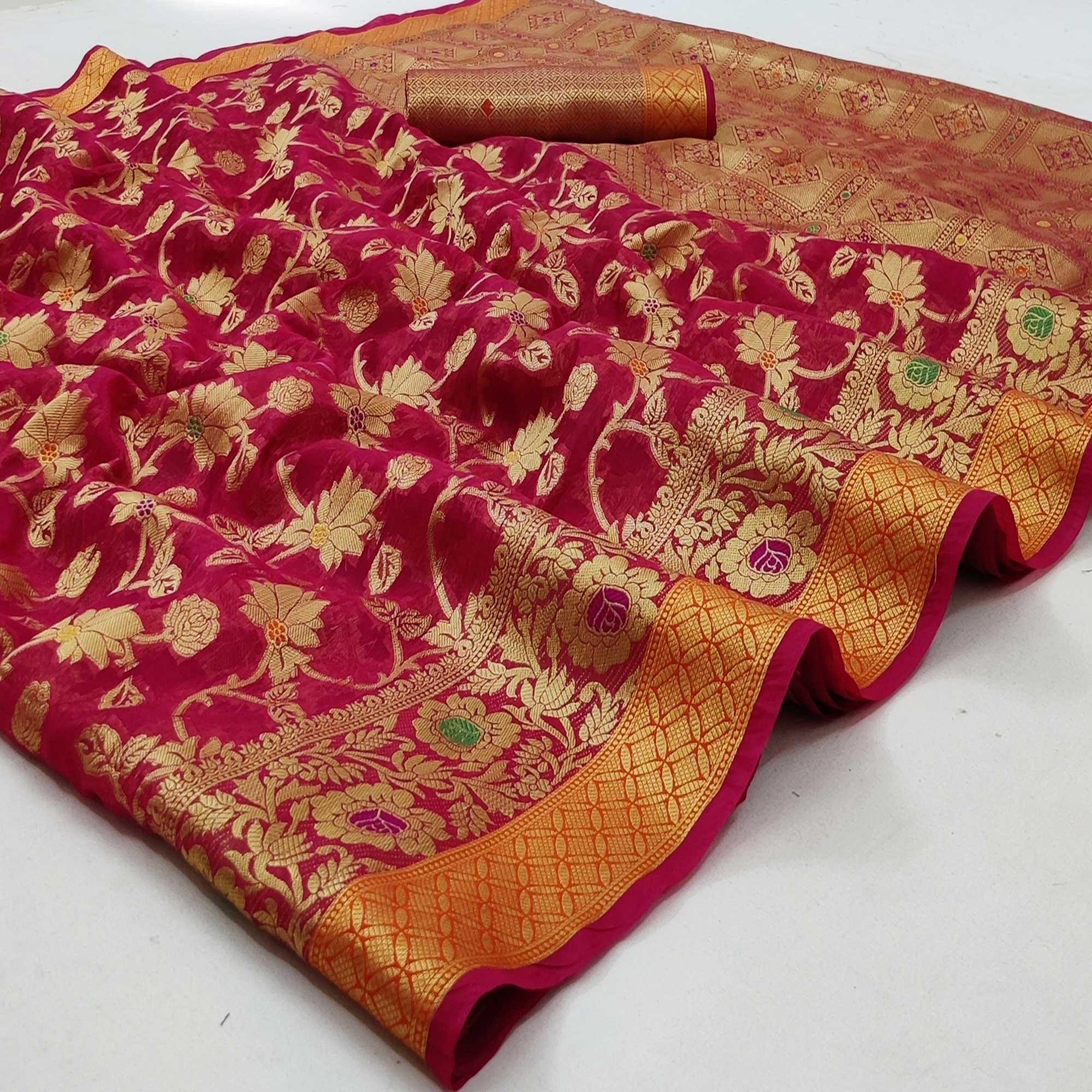 Pink Festive Wear Floral Woven Organza Saree - Peachmode