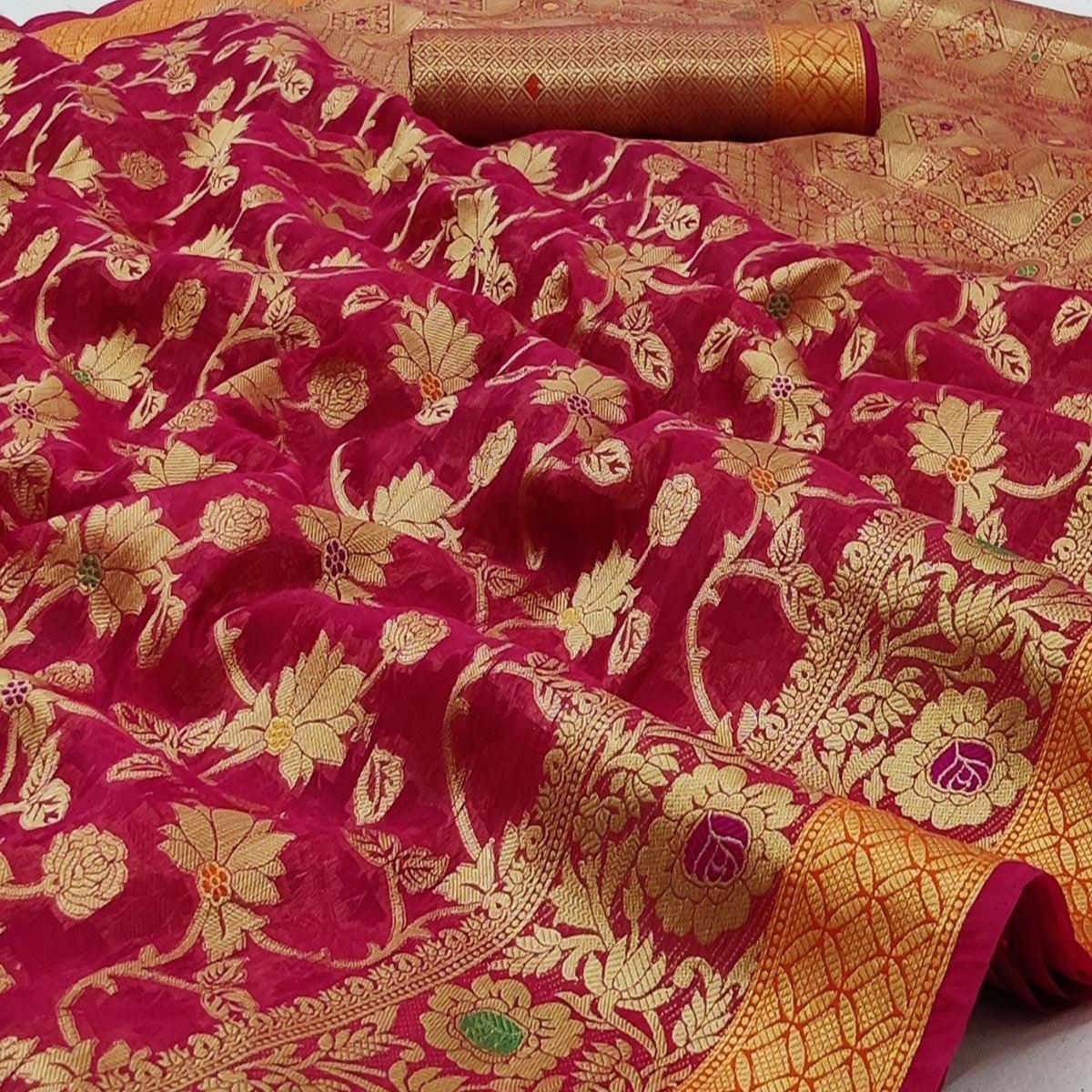 Pink Festive Wear Floral Woven Organza Saree - Peachmode