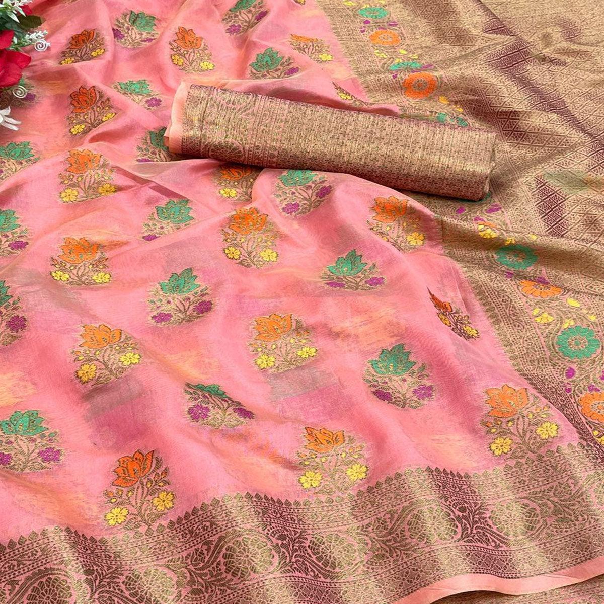 Pink Festive Wear Floral Woven Pure Soft Organza Saree - Peachmode