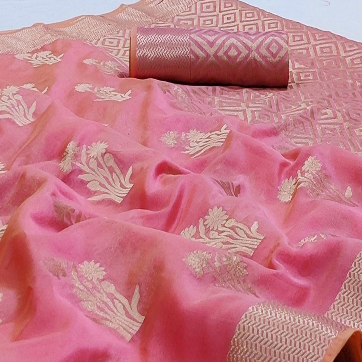 Pink Festive Wear Floral Woven Silk Saree - Peachmode