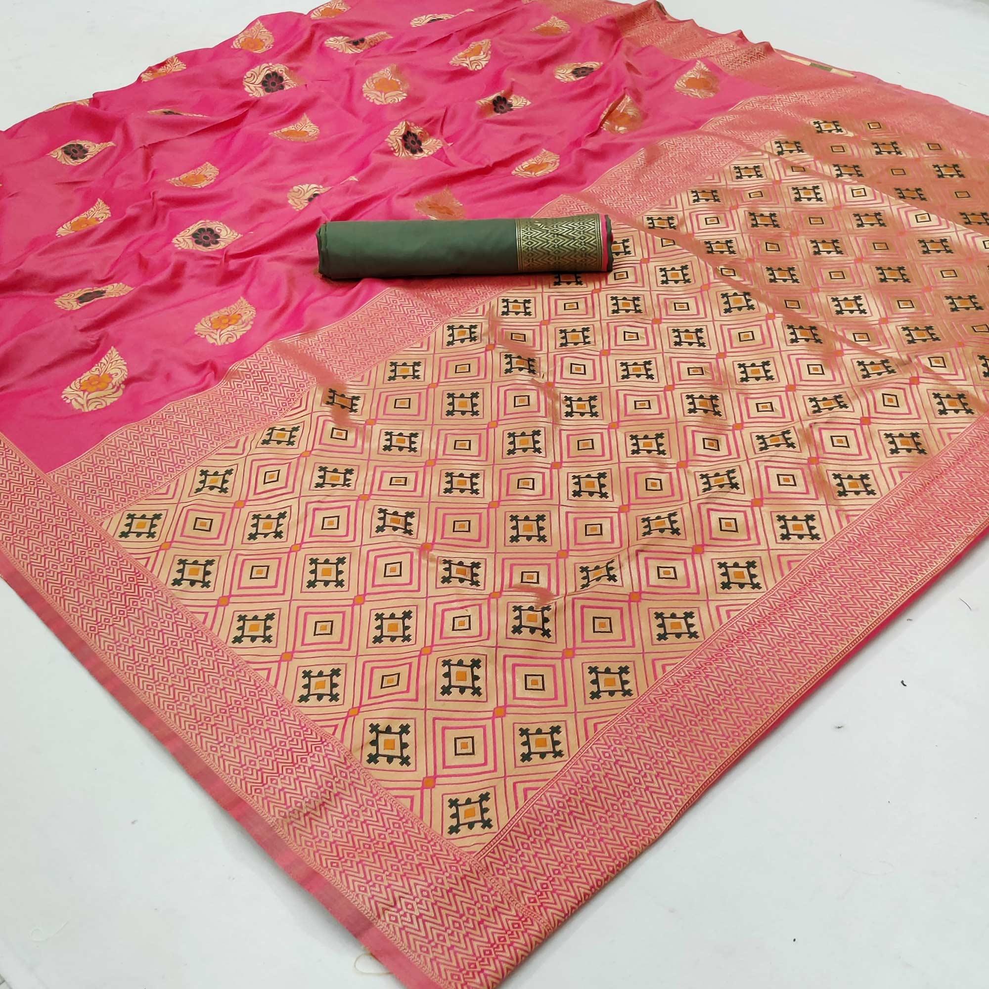 Pink Festive Wear Floral Woven Soft Silk Banarasi Saree - Peachmode