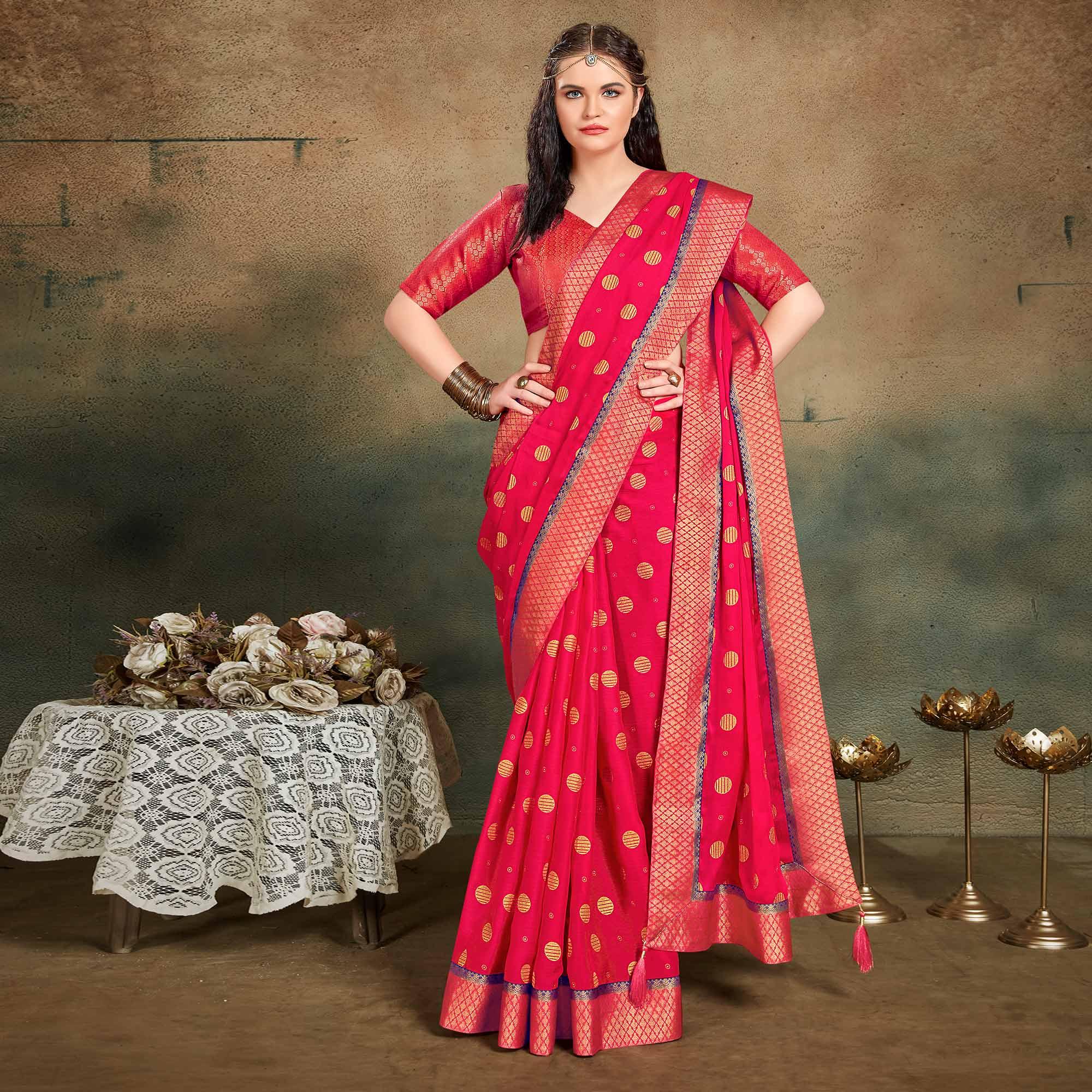 Pink Festive Wear Foil Work Chiffon Saree With Banarasi Border - Peachmode