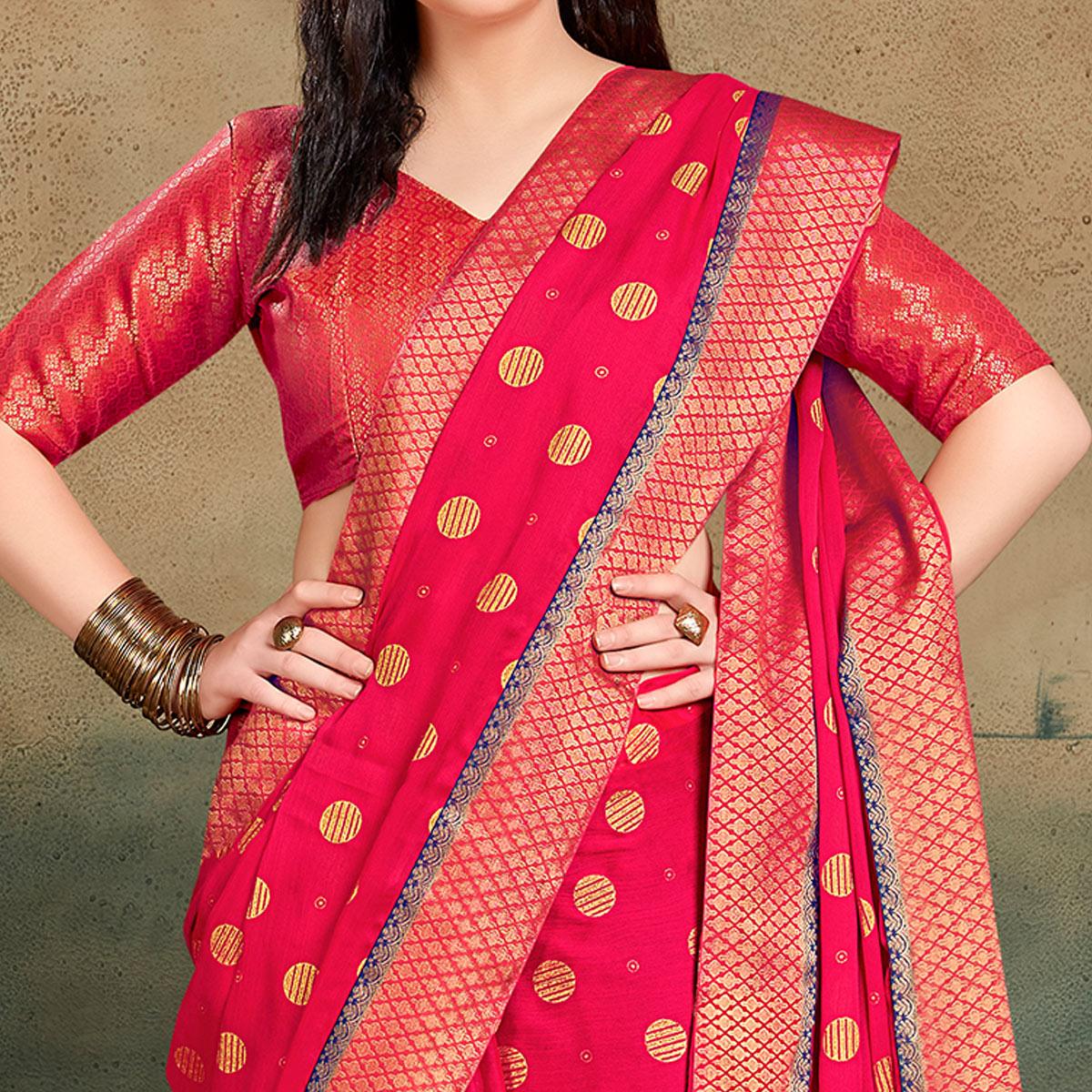 Pink Festive Wear Foil Work Chiffon Saree With Banarasi Border - Peachmode