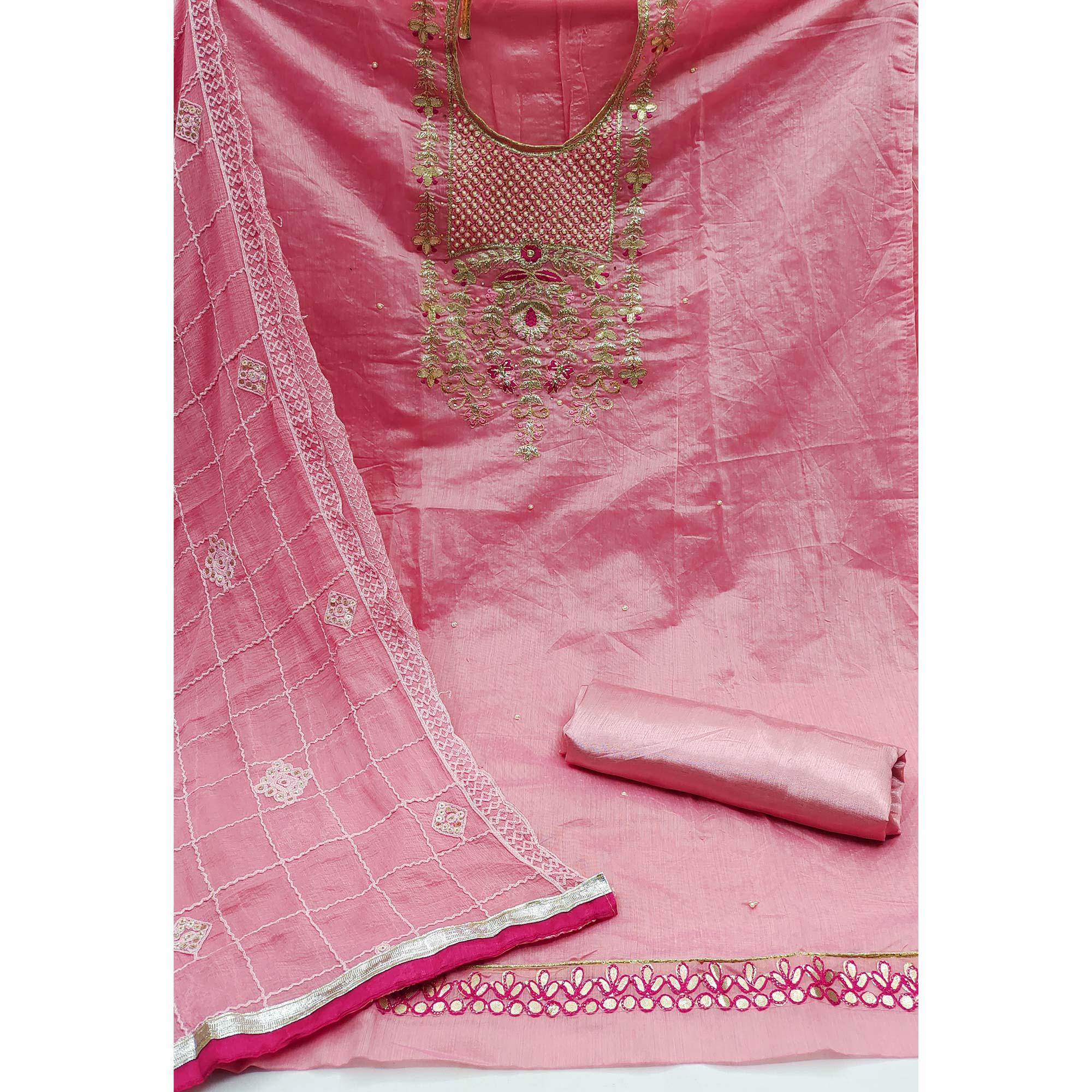 Pink Festive Wear Hand Work Modal Chanderi Dress Material - Peachmode