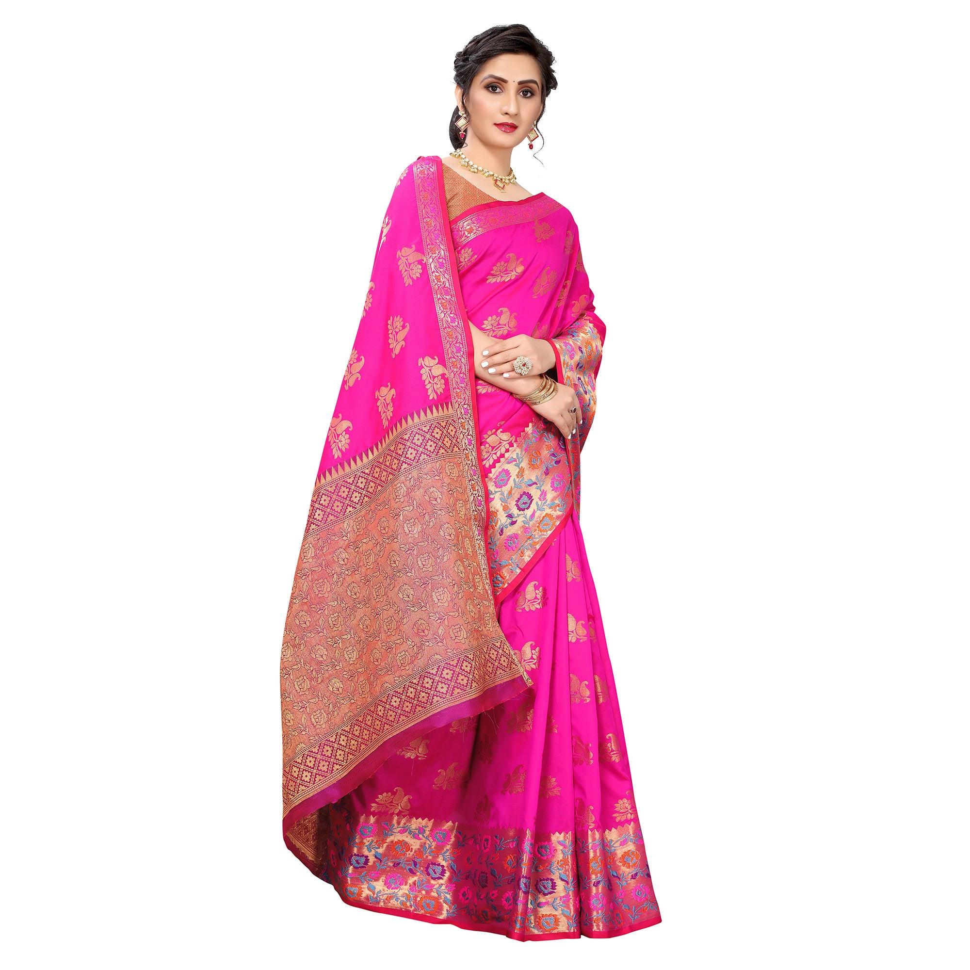Pink Festive Wear Jari Woven Heavy Silk Saree - Peachmode