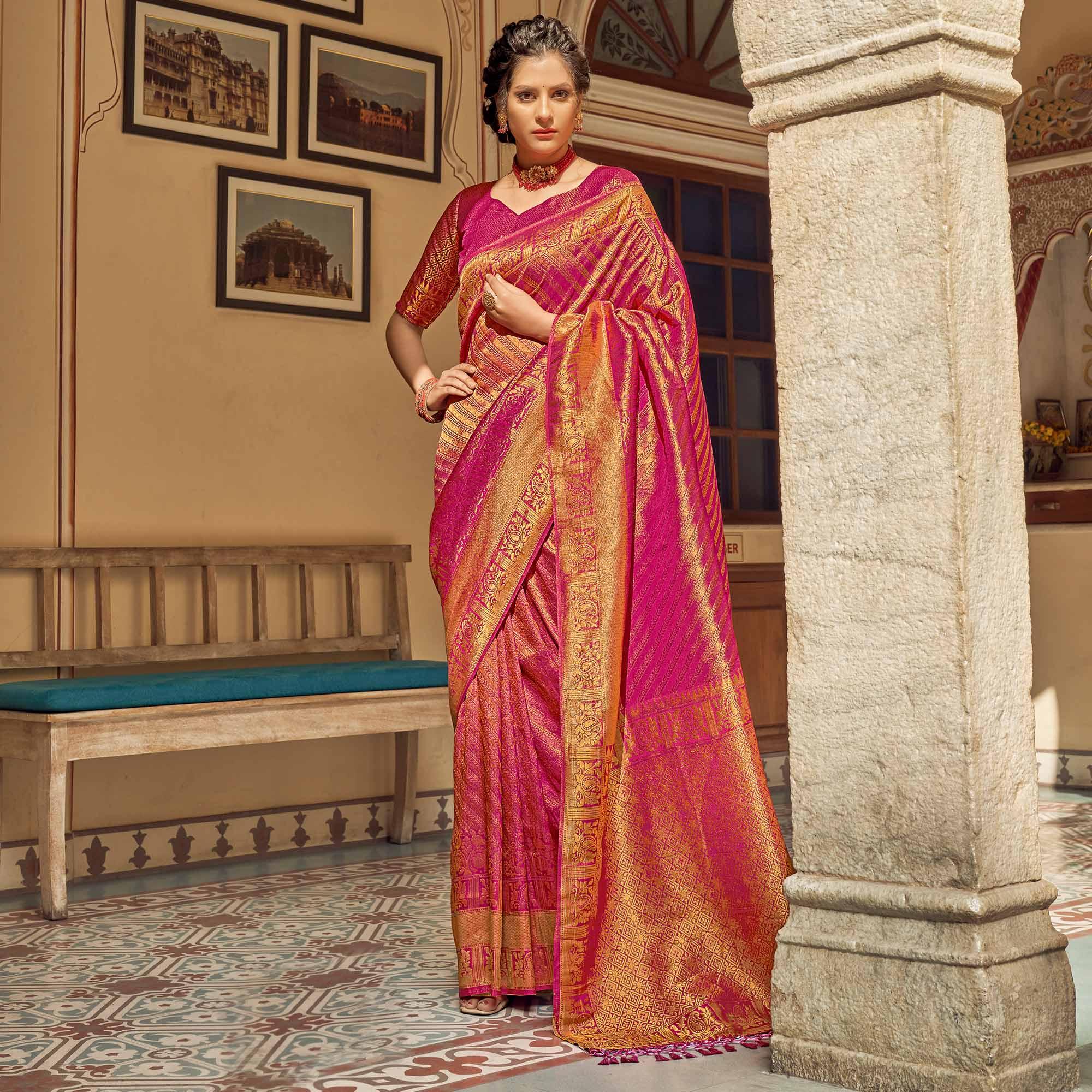 Pink Festive Wear Kanjivaram Blended Silk Saree With Tassels - Peachmode