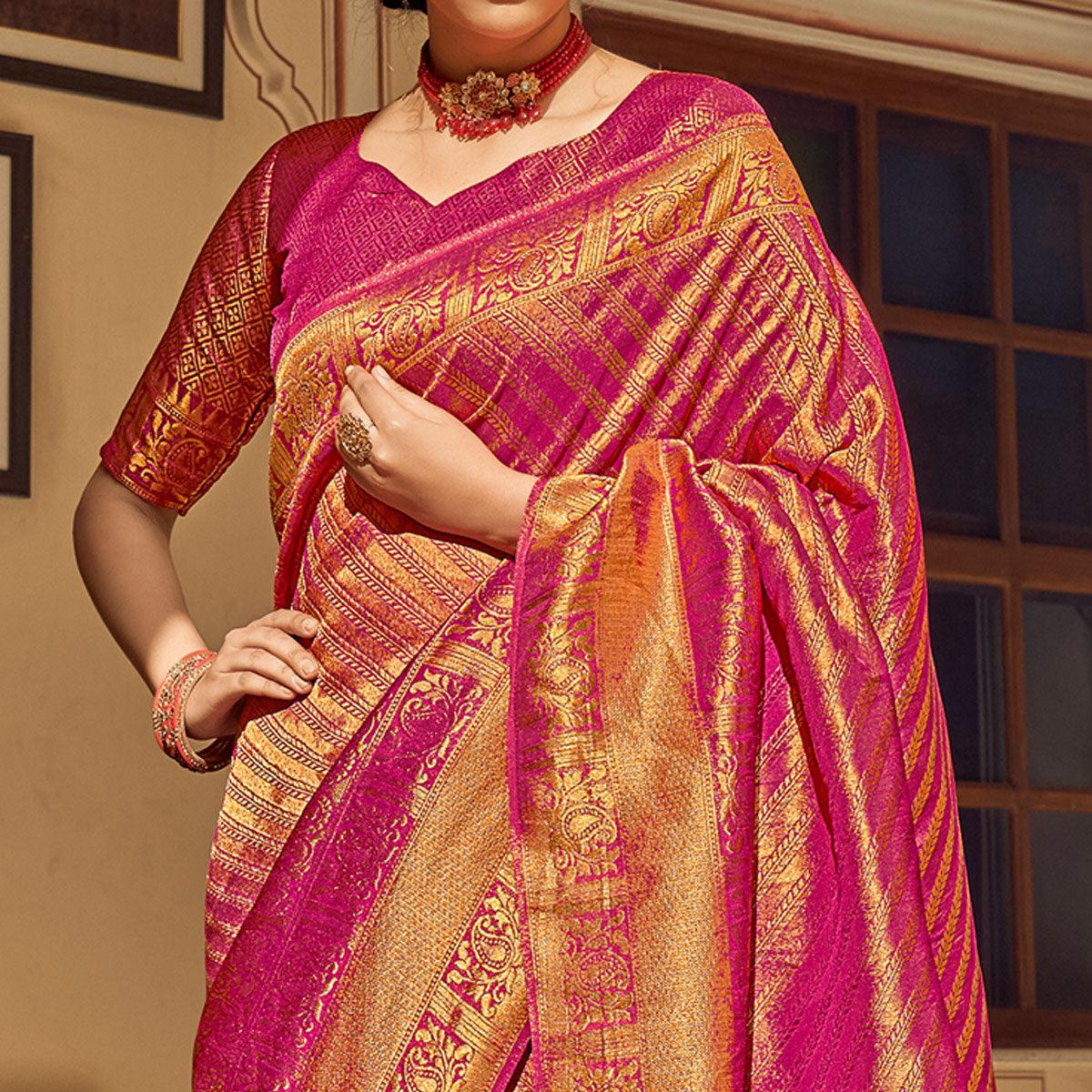 Pink Festive Wear Kanjivaram Blended Silk Saree With Tassels - Peachmode