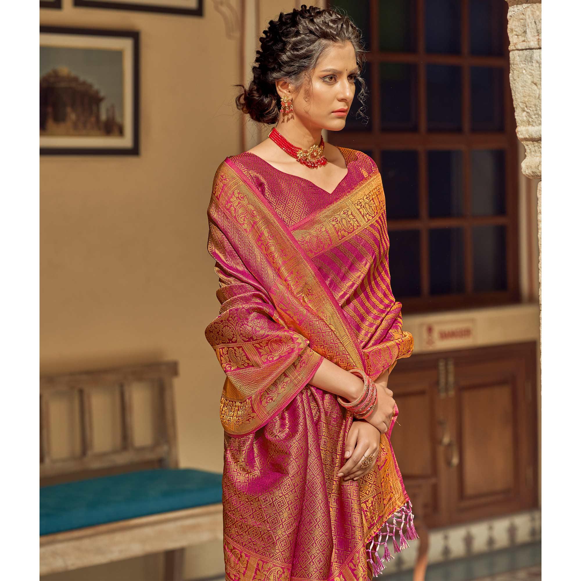 Pink Festive Wear Kanjivaram Blended Silk Saree With Tassels - Peachmode