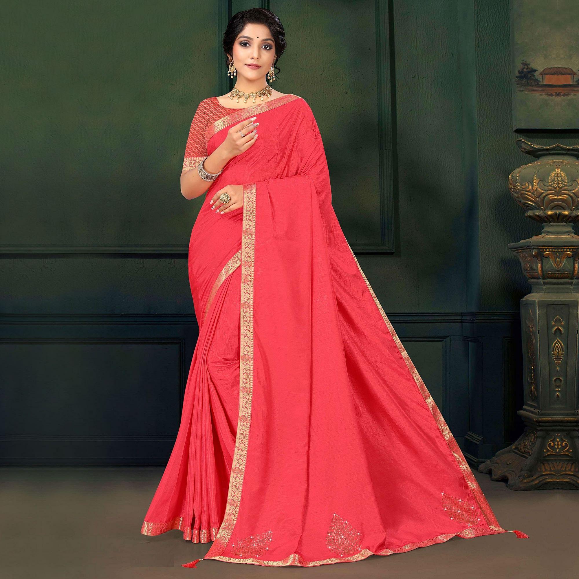 Pink Festive Wear Lace With Stone Work Silk Designer Saree - Peachmode