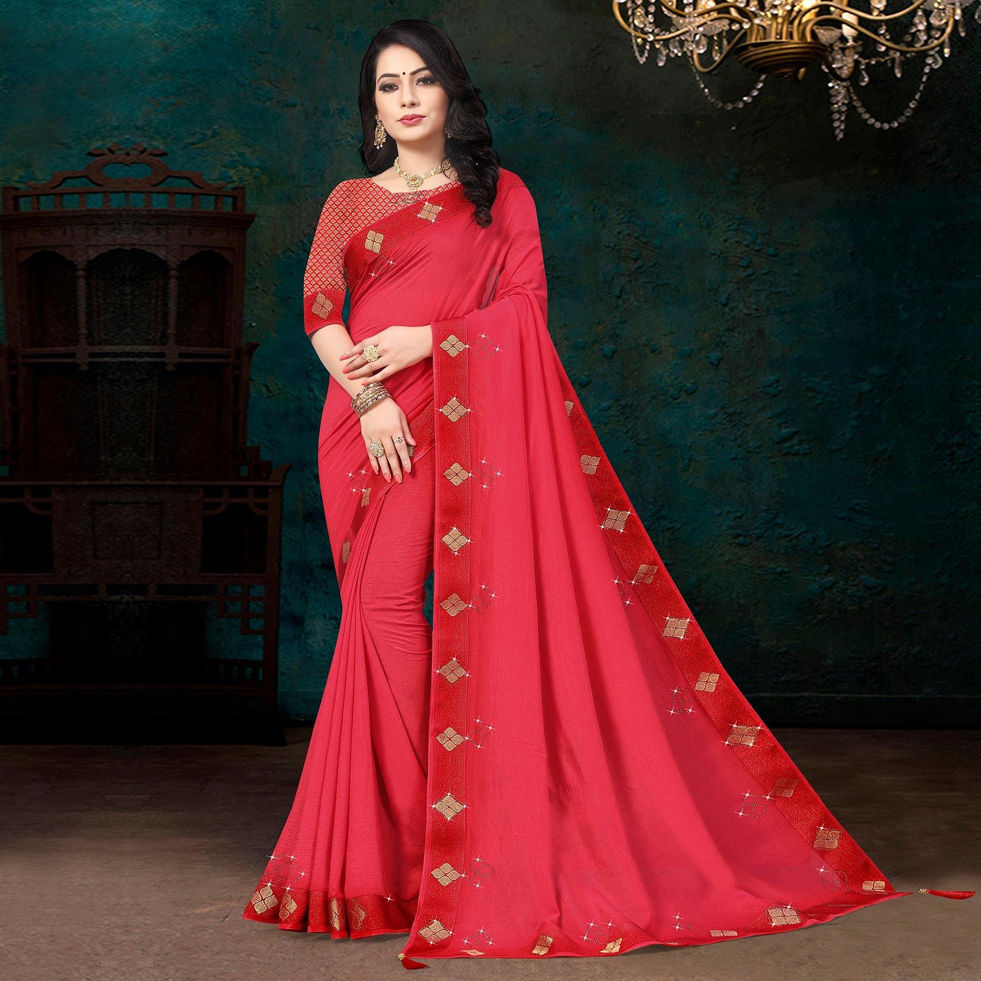 Pink Festive Wear Lace With Stone Work Silk Designer Saree - Peachmode