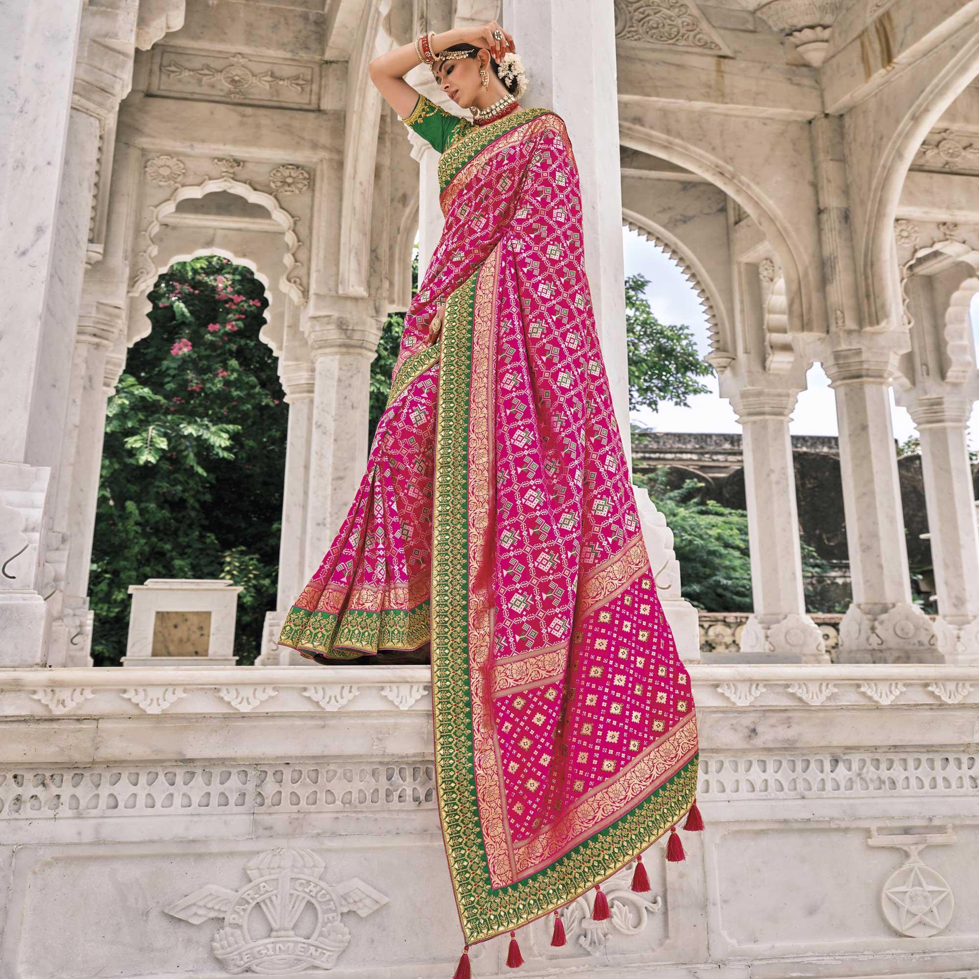 Pink Festive Wear Plain & Hand Work Pure Silk Saree - Peachmode