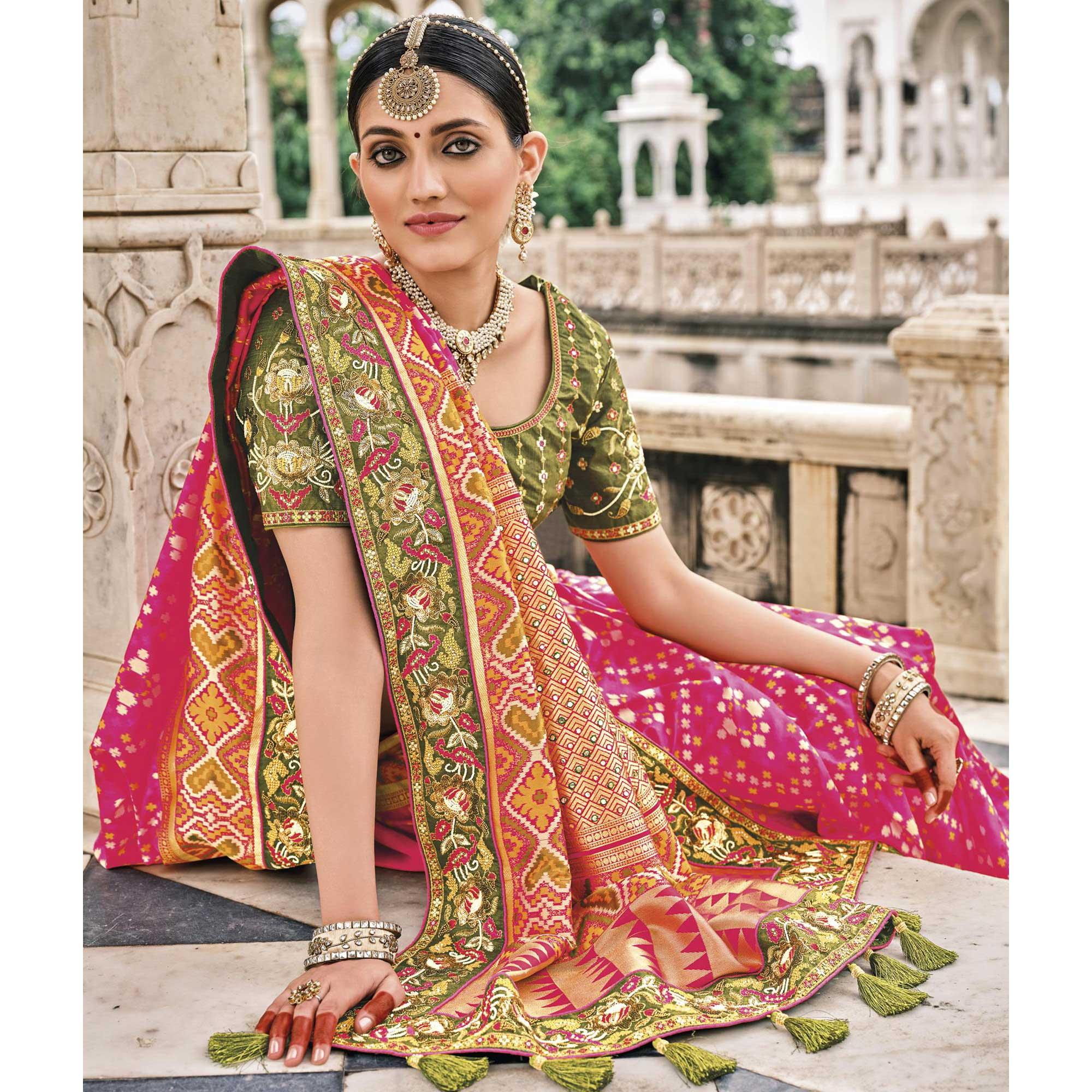 Pink Festive Wear Plain & Hand Work Pure Silk Saree - Peachmode