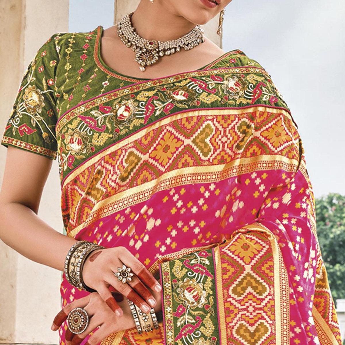 Pink Festive Wear Plain & Hand Work Pure Silk Saree - Peachmode