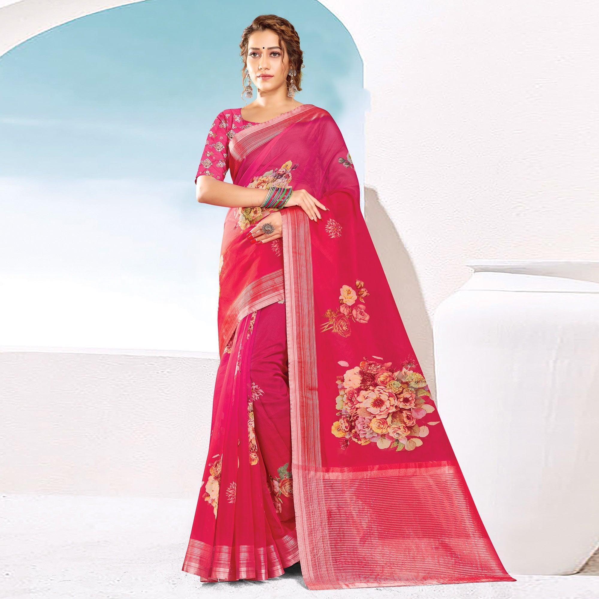 Pink Festive Wear Printed & Woven Organza Saree - Peachmode
