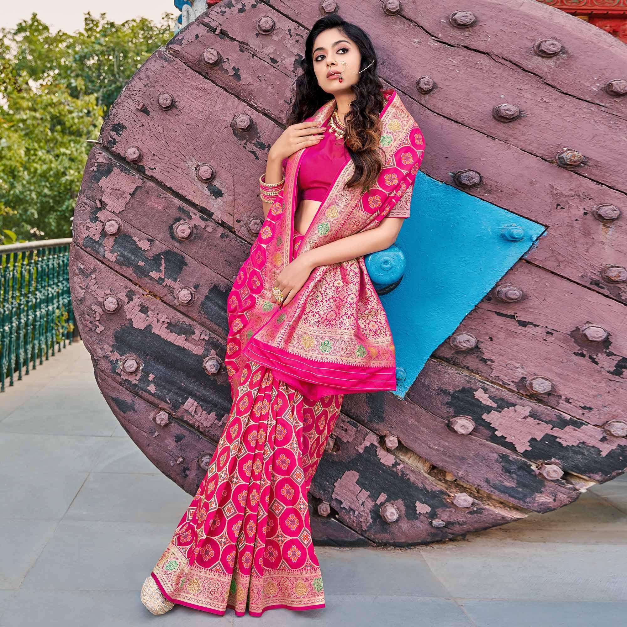 Pink Festive Wear Printed Banarasi Soft Silk Saree - Peachmode