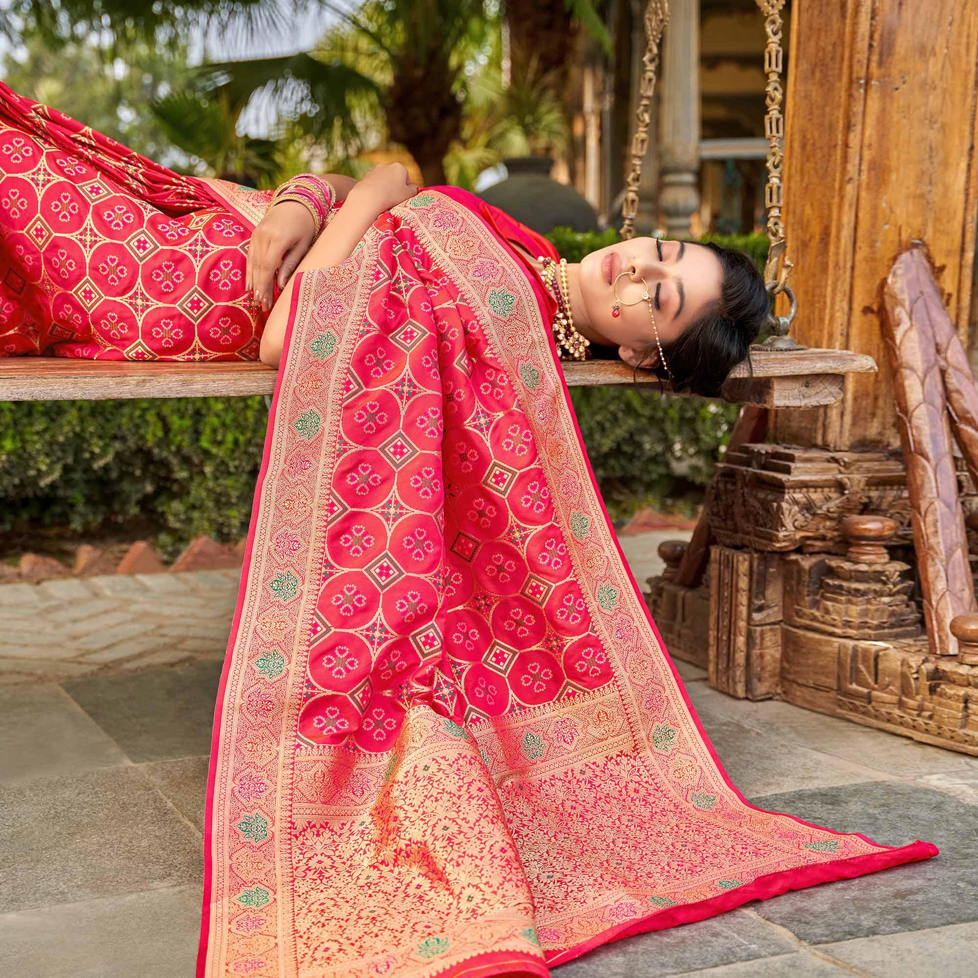 Pink Festive Wear Printed Banarasi Soft Silk Saree - Peachmode
