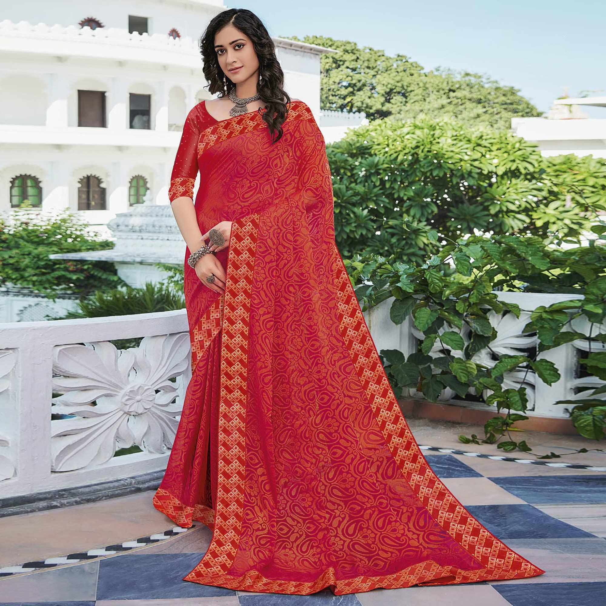 Pink Festive Wear Printed Brasso Saree - Peachmode