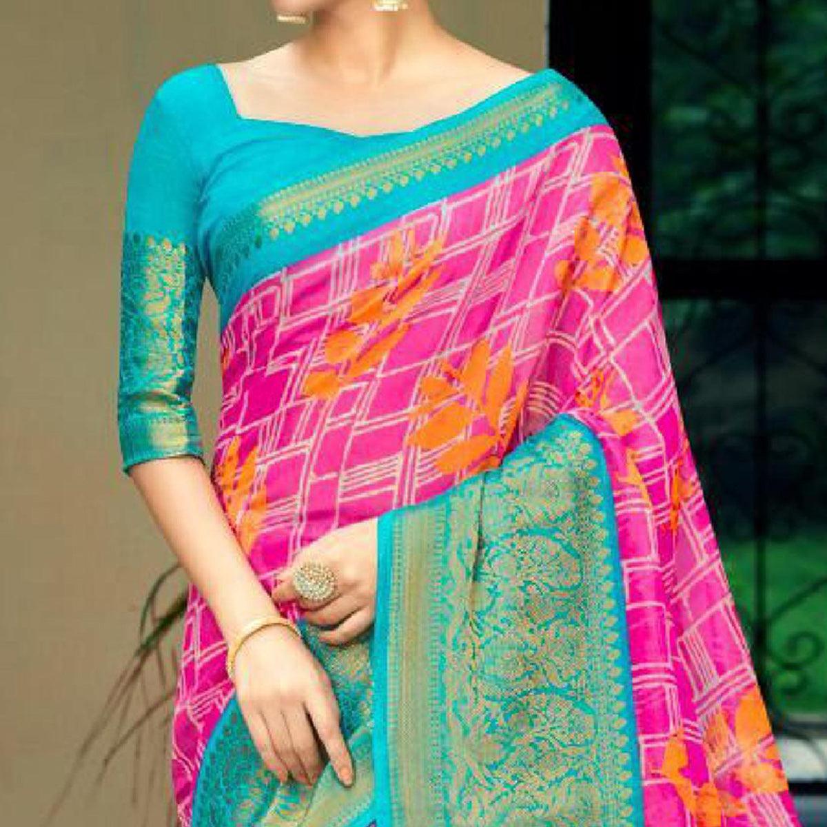Pink Festive Wear Printed Cotton Silk Saree With Woven Border - Peachmode