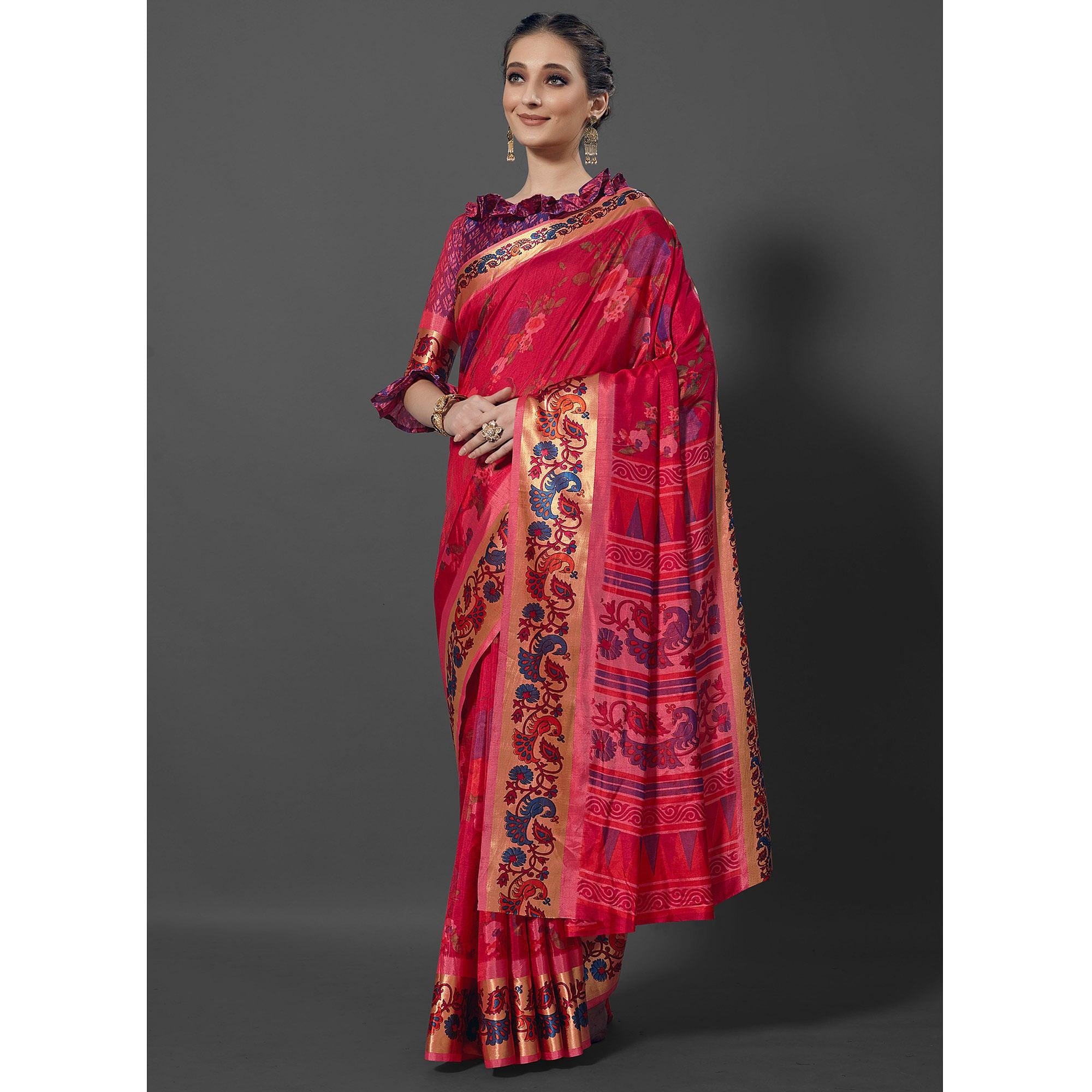 Pink Festive Wear Printed Dhakai Silk Saree - Peachmode