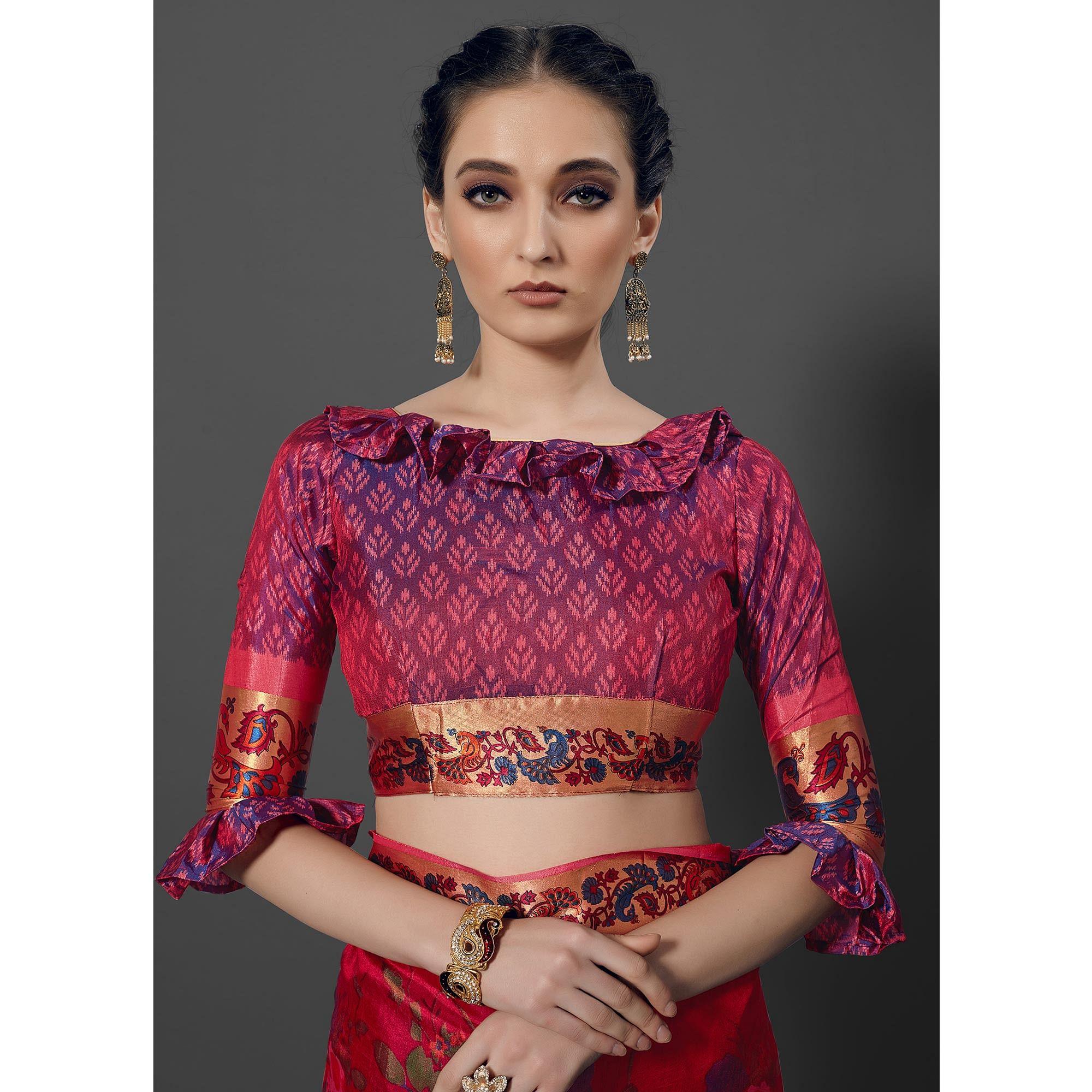 Pink Festive Wear Printed Dhakai Silk Saree - Peachmode