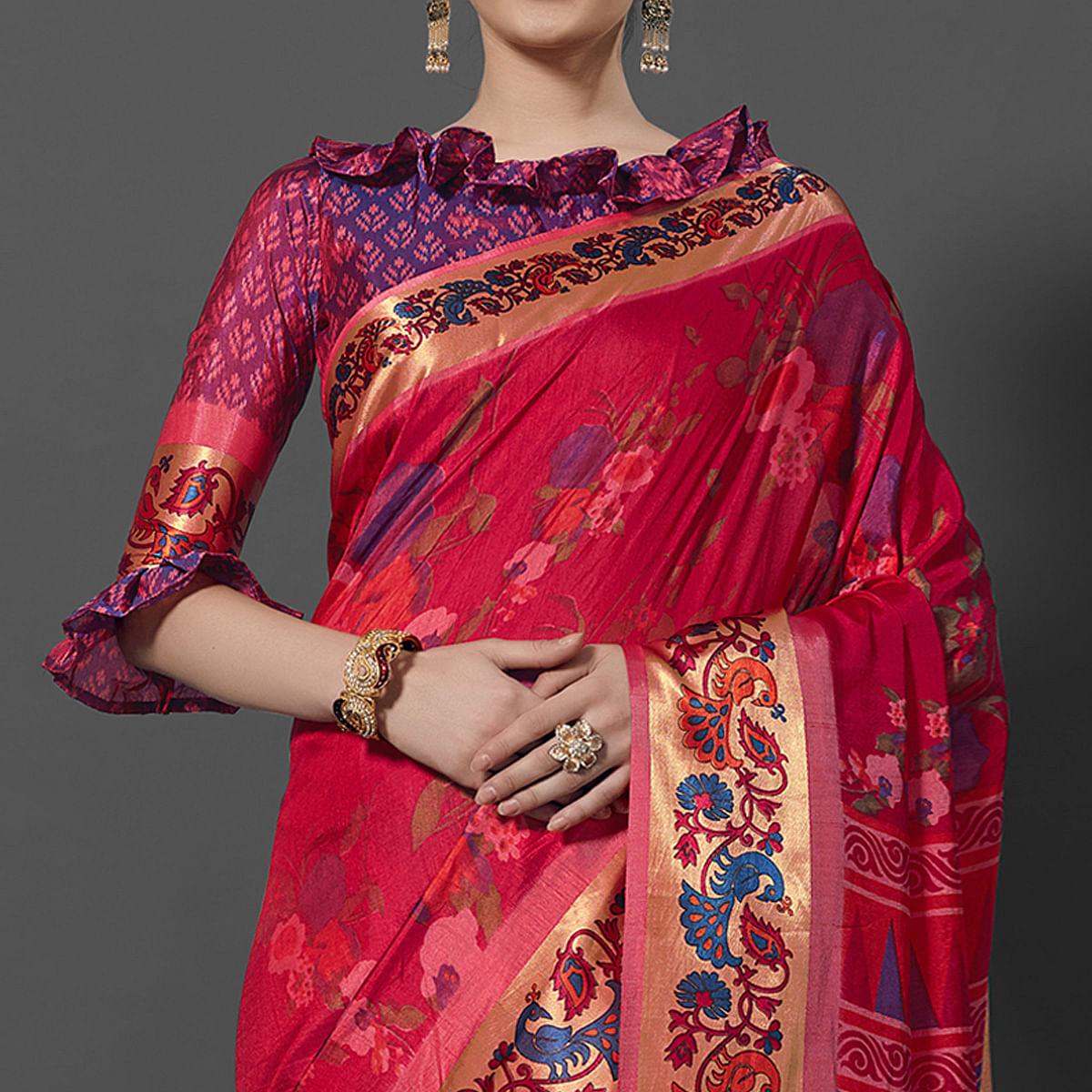 Pink Festive Wear Printed Dhakai Silk Saree - Peachmode