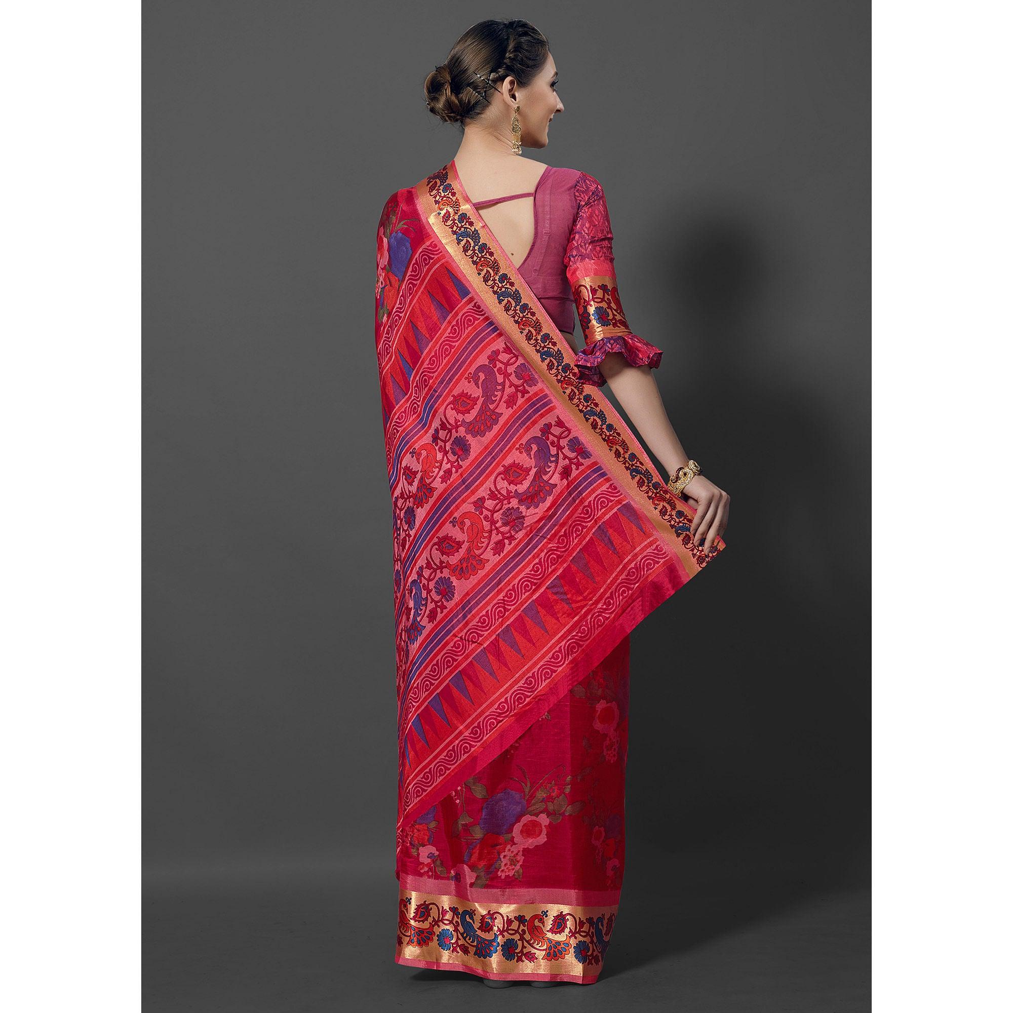 Pink Festive Wear Printed Dhakai Silk Saree - Peachmode