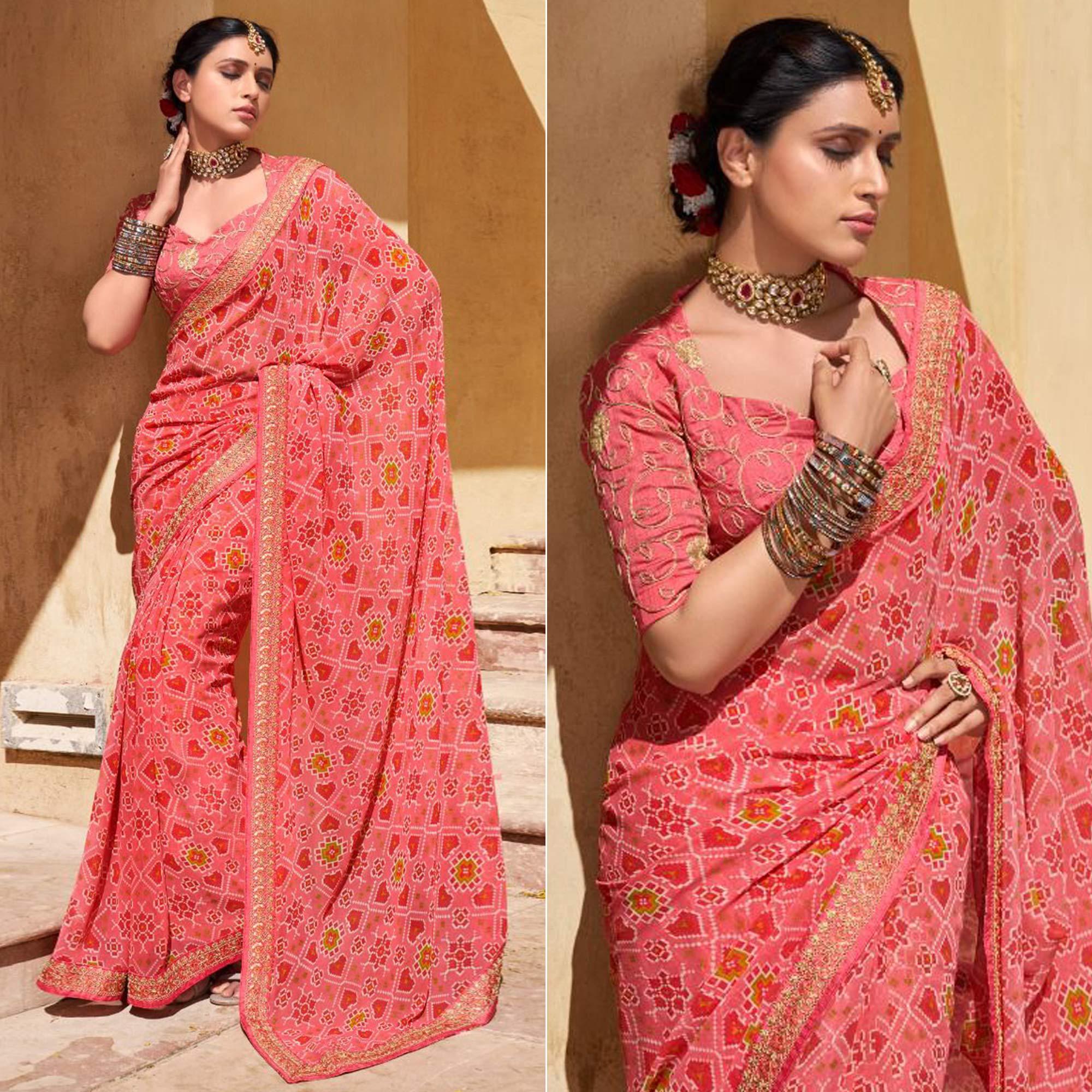 Pink Festive Wear Printed Georgette Saree - Peachmode
