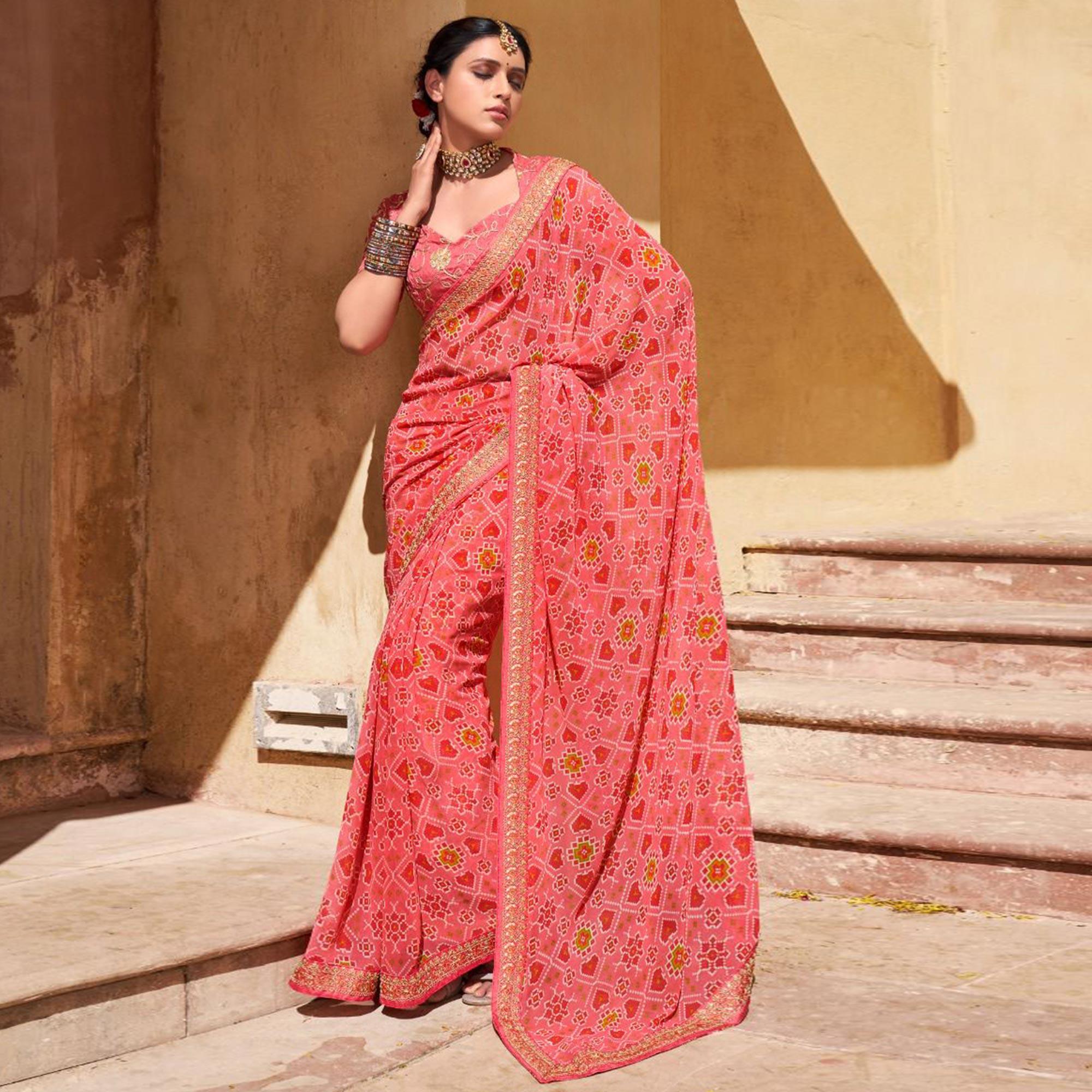 Pink Festive Wear Printed Georgette Saree - Peachmode