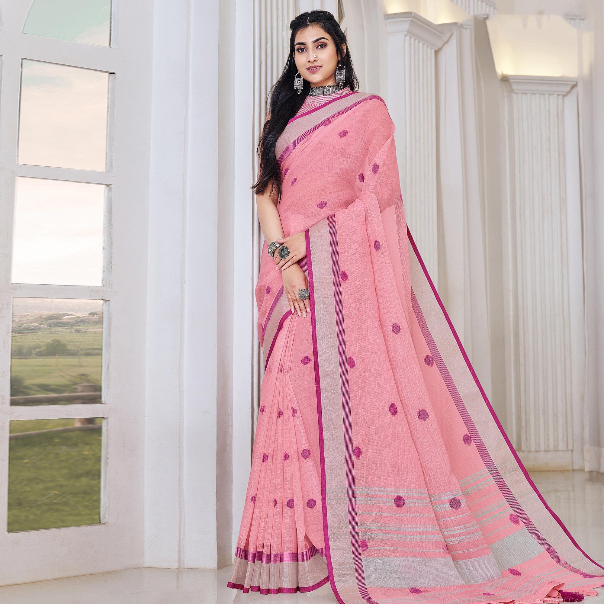 Pink Festive Wear Printed Linen Saree - Peachmode