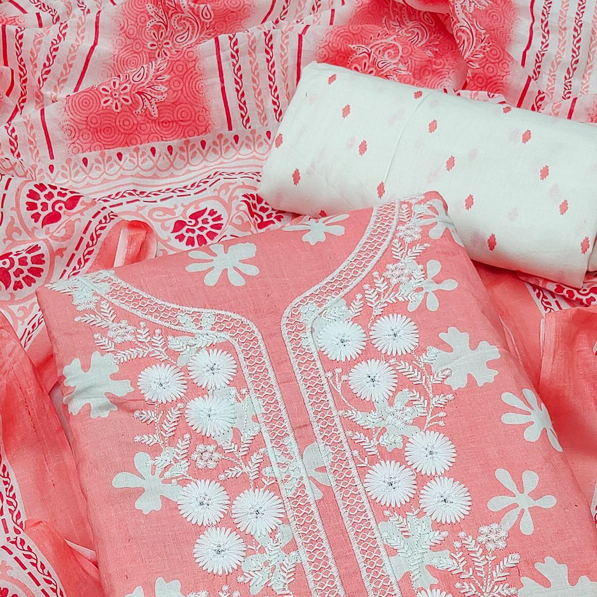 Pink Festive Wear Printed With Embroidered Cotton Dress Material - Peachmode