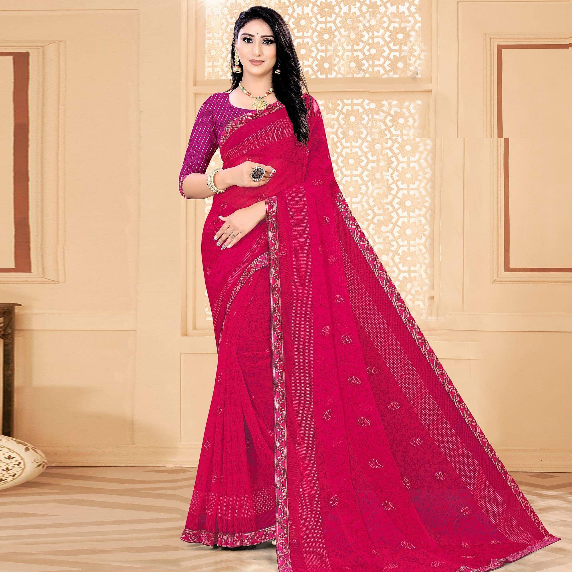 Pink Festive Wear Printed With Lace Work Chiffon Designer Saree - Peachmode