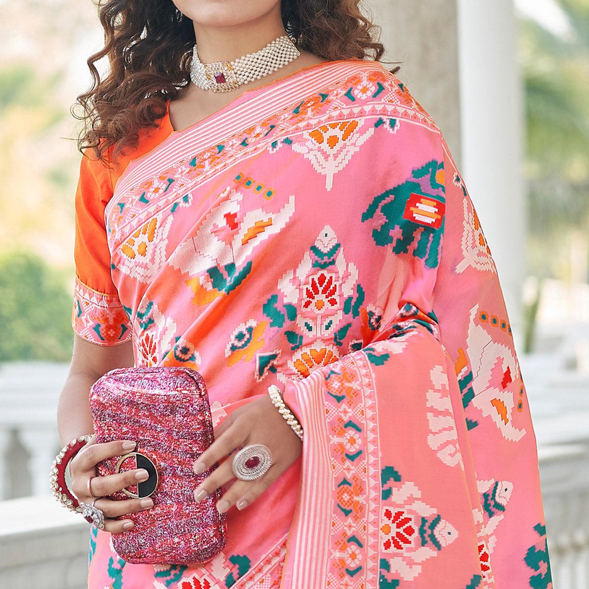 Pink Festive Wear Printed With Weaving Patola Silk Saree - Peachmode