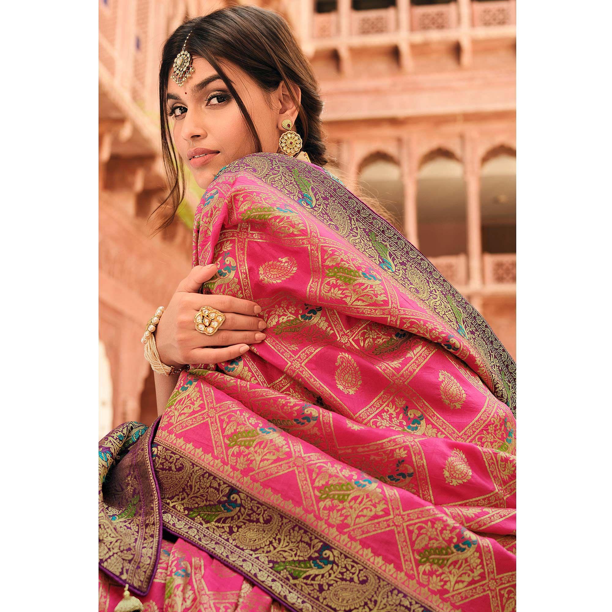 Pink Festive Wear Printed Woven Silk Saree - Peachmode