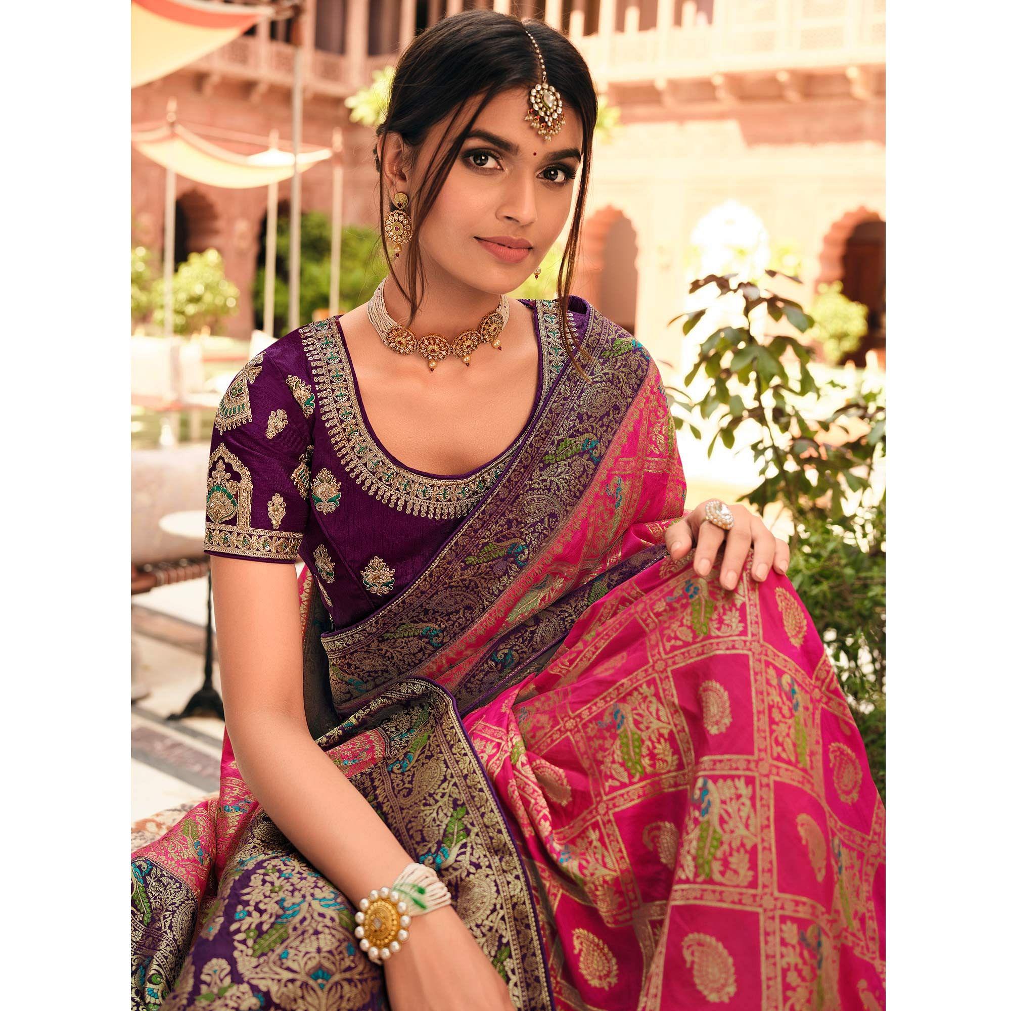 Pink Festive Wear Printed Woven Silk Saree - Peachmode